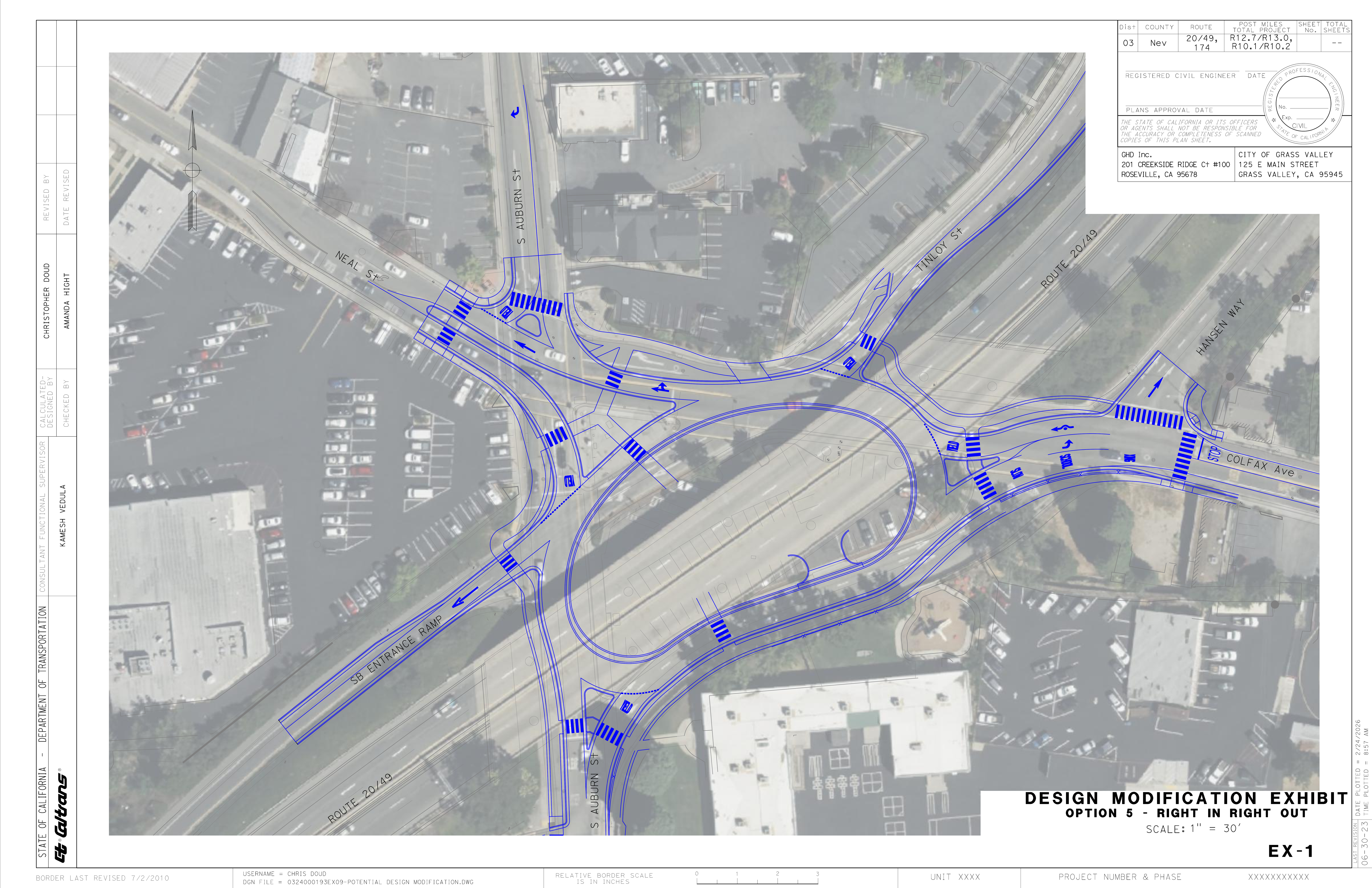 Grass Valley City Staff’s proposed concept, which does not allow southbound South Auburn Street traffic to continue into the roundabout. Credit: City of Grass Valley.