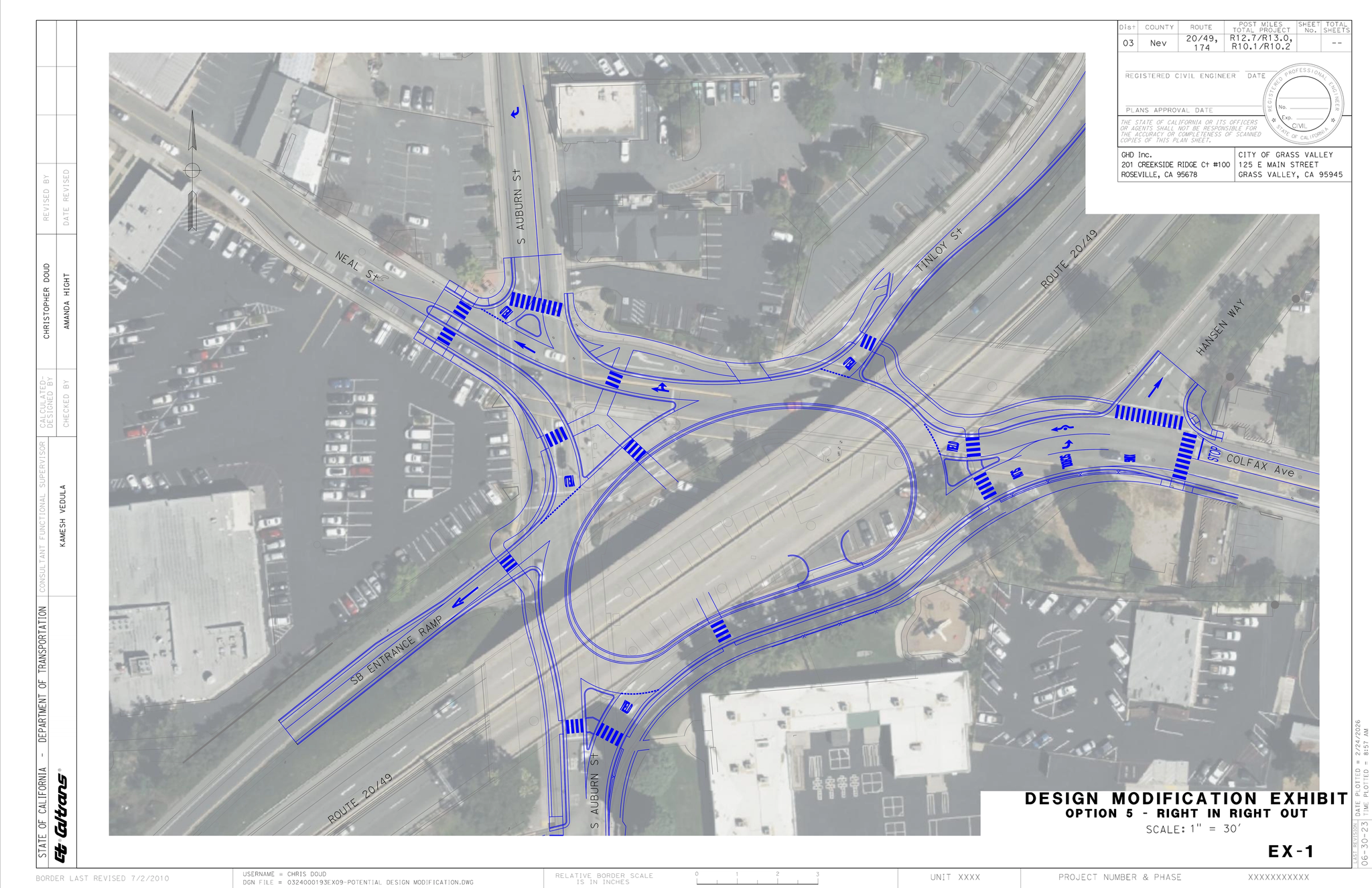 Grass Valley City Staff’s proposed concept, which does not allow southbound South Auburn Street traffic to continue into the roundabout. Credit: City of Grass Valley.