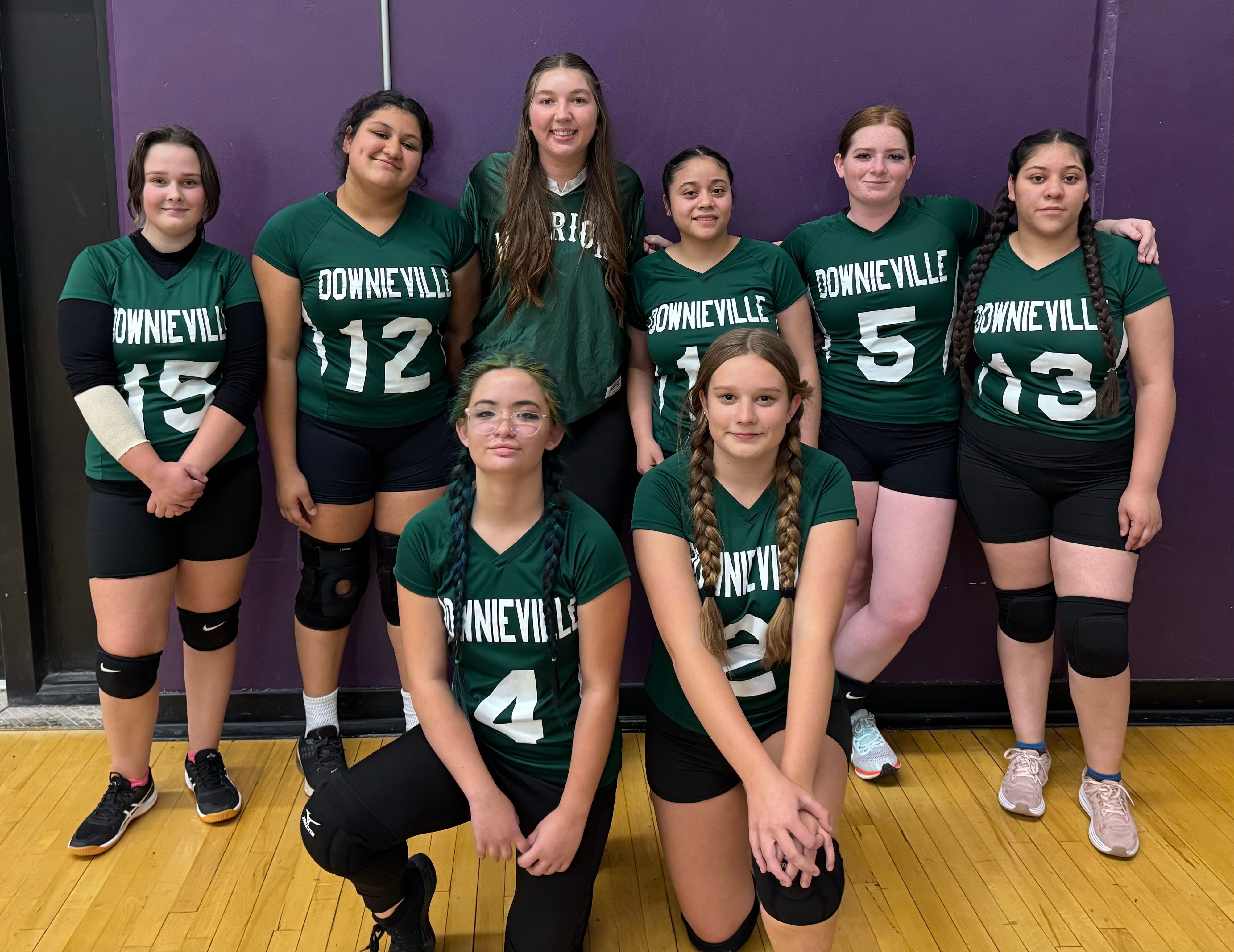 The Downieville Lady Warriors. Left to right – top row: Kai Evans, Anahy Nevarez, Coach Brianna Roen, Katy Nevarez, Jay Malone, Gabby Nevarez, – bottom row: Kaydence Stringer, Abbey Daniel. Photo courtesy of Sheri Roen.