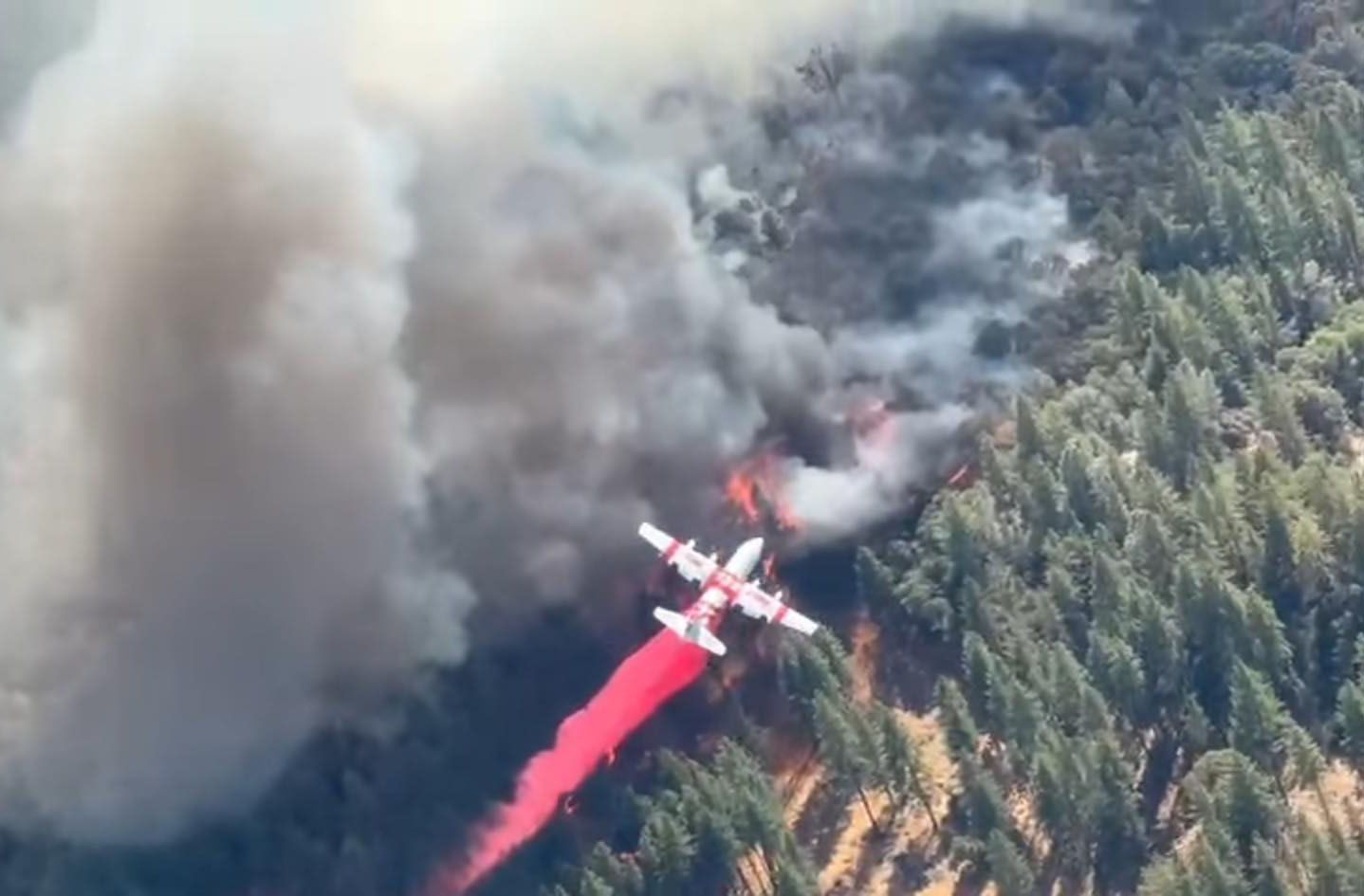 An air tanker drops fire retardant on the Ponderosa Fire. Photo shared by Cal Fire.