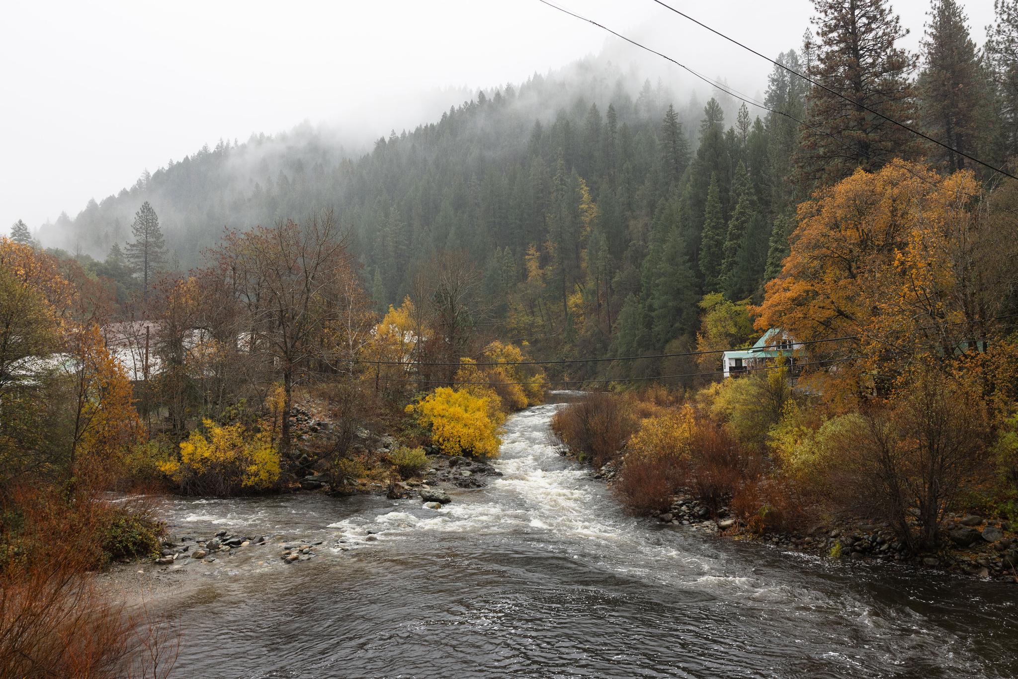 High river flow on the North Yuba River, viewed from Durgan Bridge in Downieville