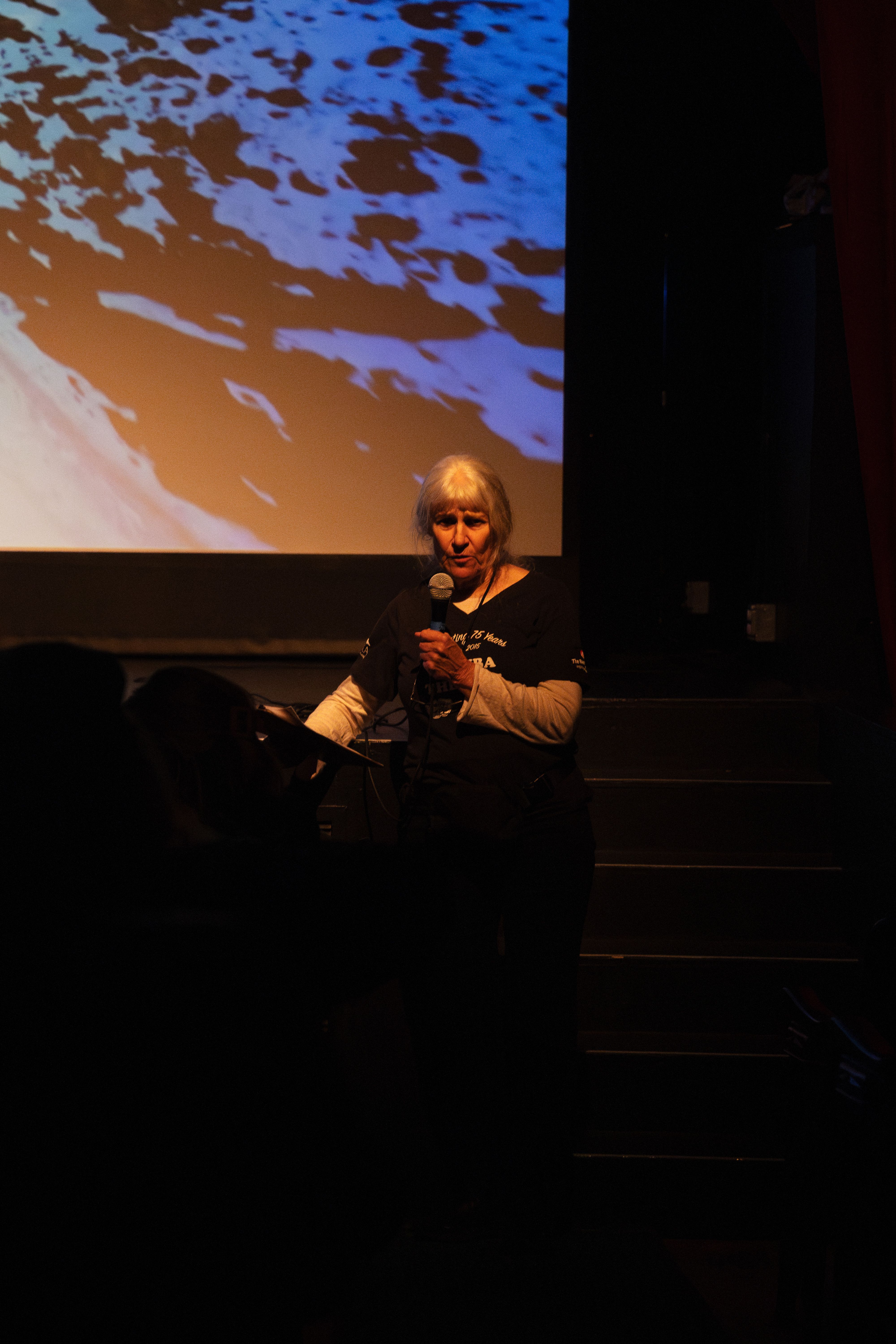 Caroline “Cracker” Eshleman, President of the Sierra County Arts Council, speaks before Friday’s screening.