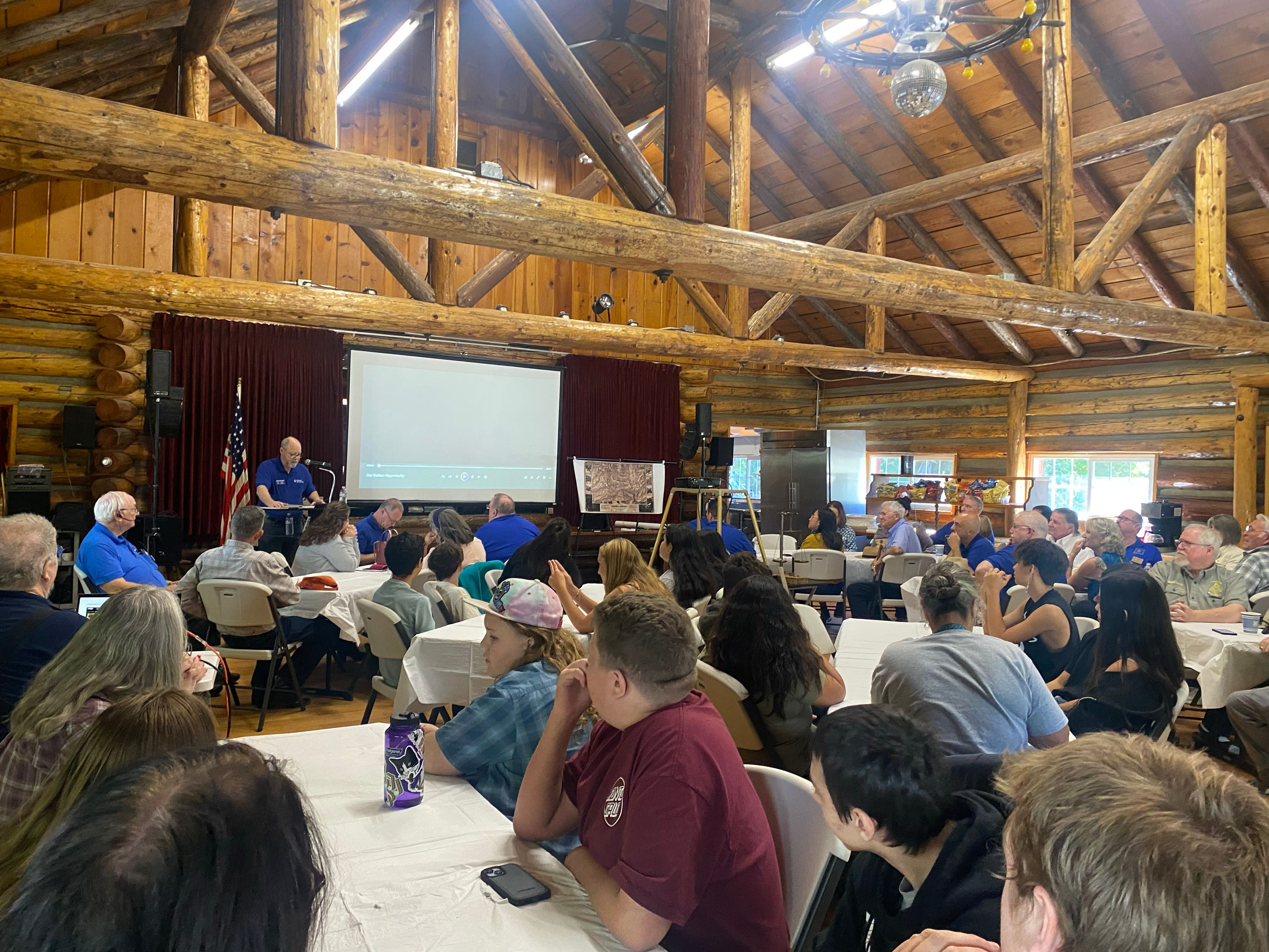 Grand Officer Mike Edwards introduces the program at the Sierra City Community Hall