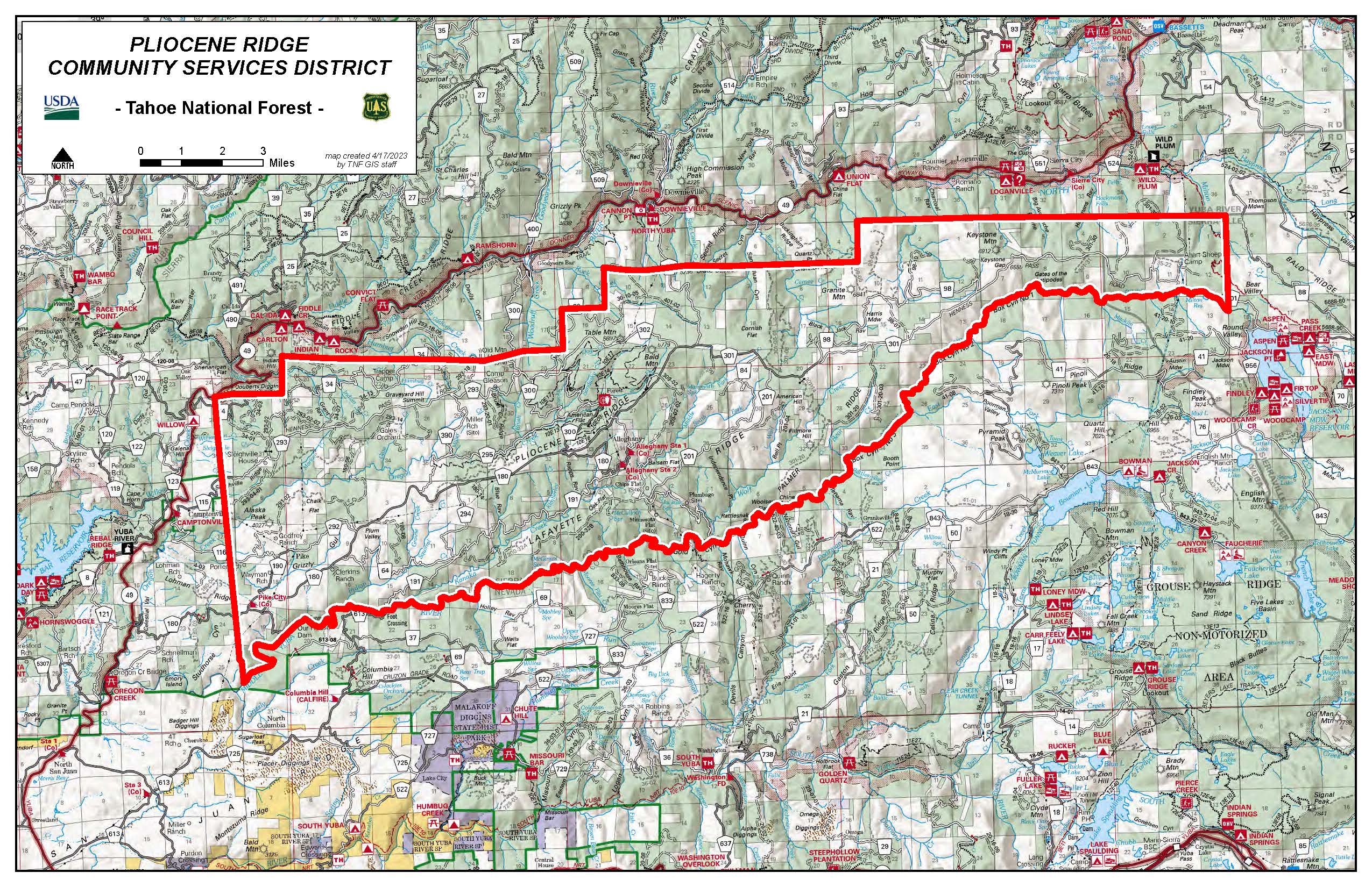 Map of Pliocene Ridge CSD that shows private land in white with public land shaded green. Note the top right hand corner where a true “checkerboard” exists.