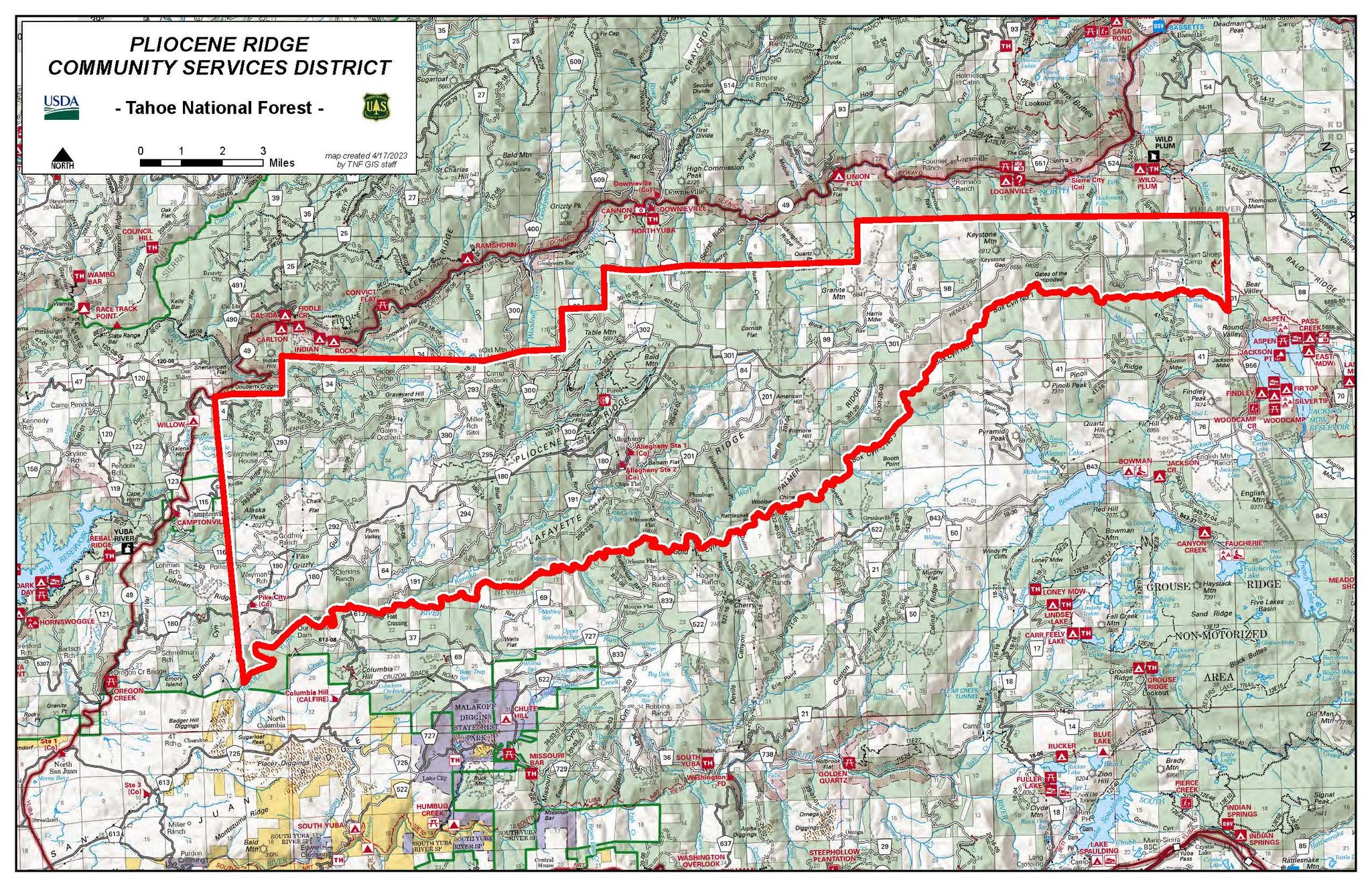 Map of Pliocene Ridge CSD that shows private land in white with public land shaded green. Note the top right hand corner where a true “checkerboard” exists.