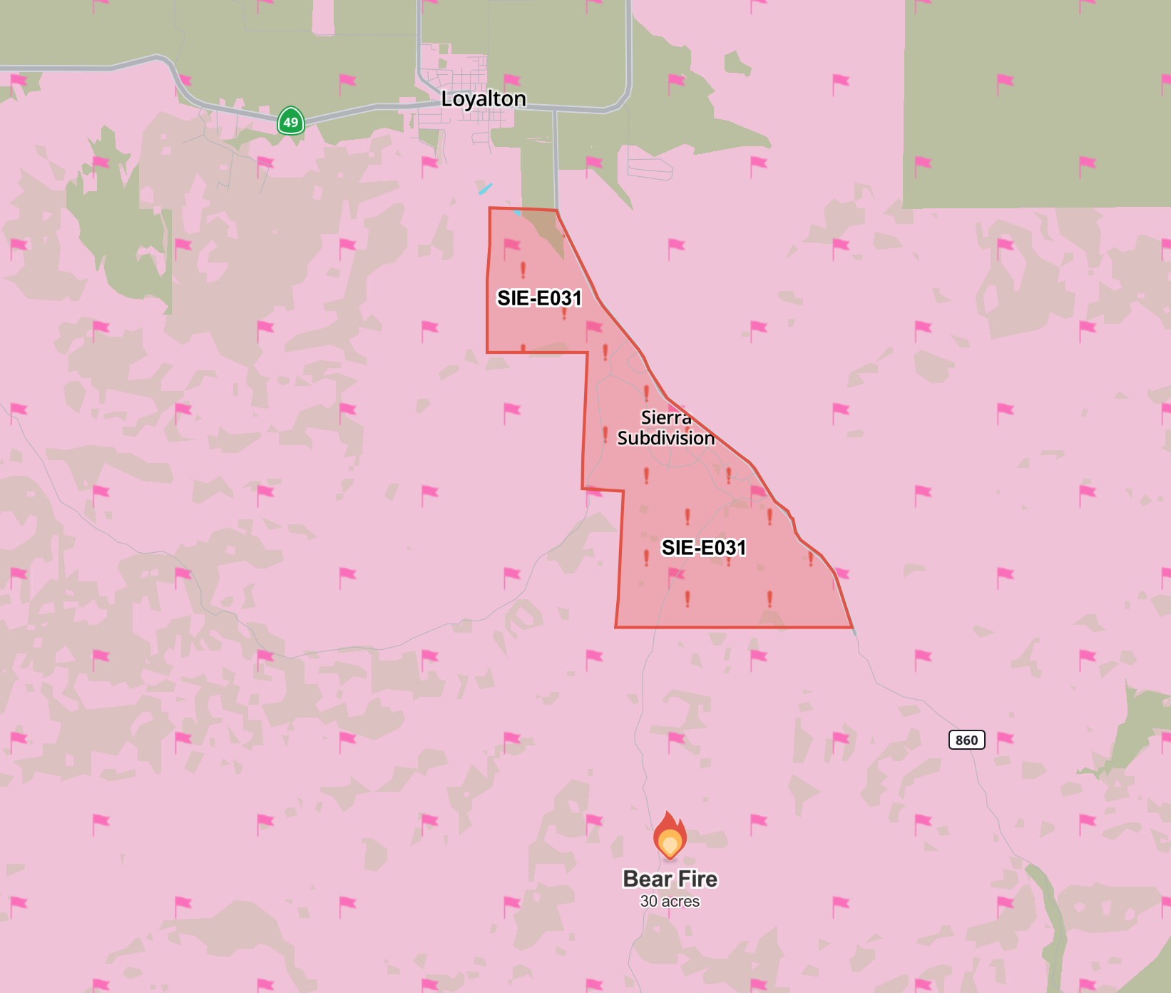 The location of the Bear Fire in relation to Loyalton, including zone currently under evacuation order. Image from the Watch Duty incident map.