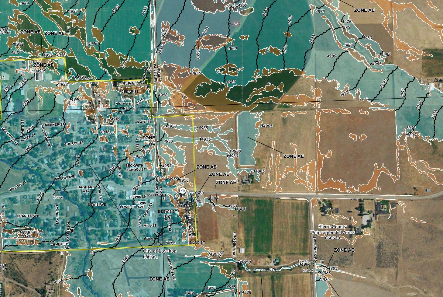 New maps encompass almost all of Loyalton in the 1% chance-per-year floodplain (colored blue).