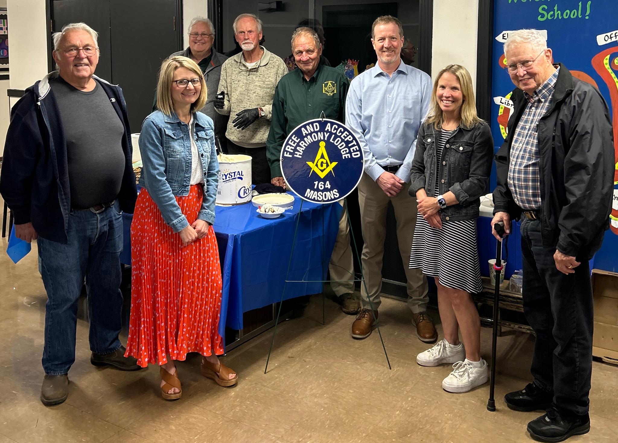 Shown front row, from left to right: Bro. Sam White, Alicia Misita, Sean Snider, Faith Edwards, Past Grand Master John L. Cooper III. Back row, left to right: Bro. Bill Miklos, Bro. Jerry B, Bro. Gregg Novotny.