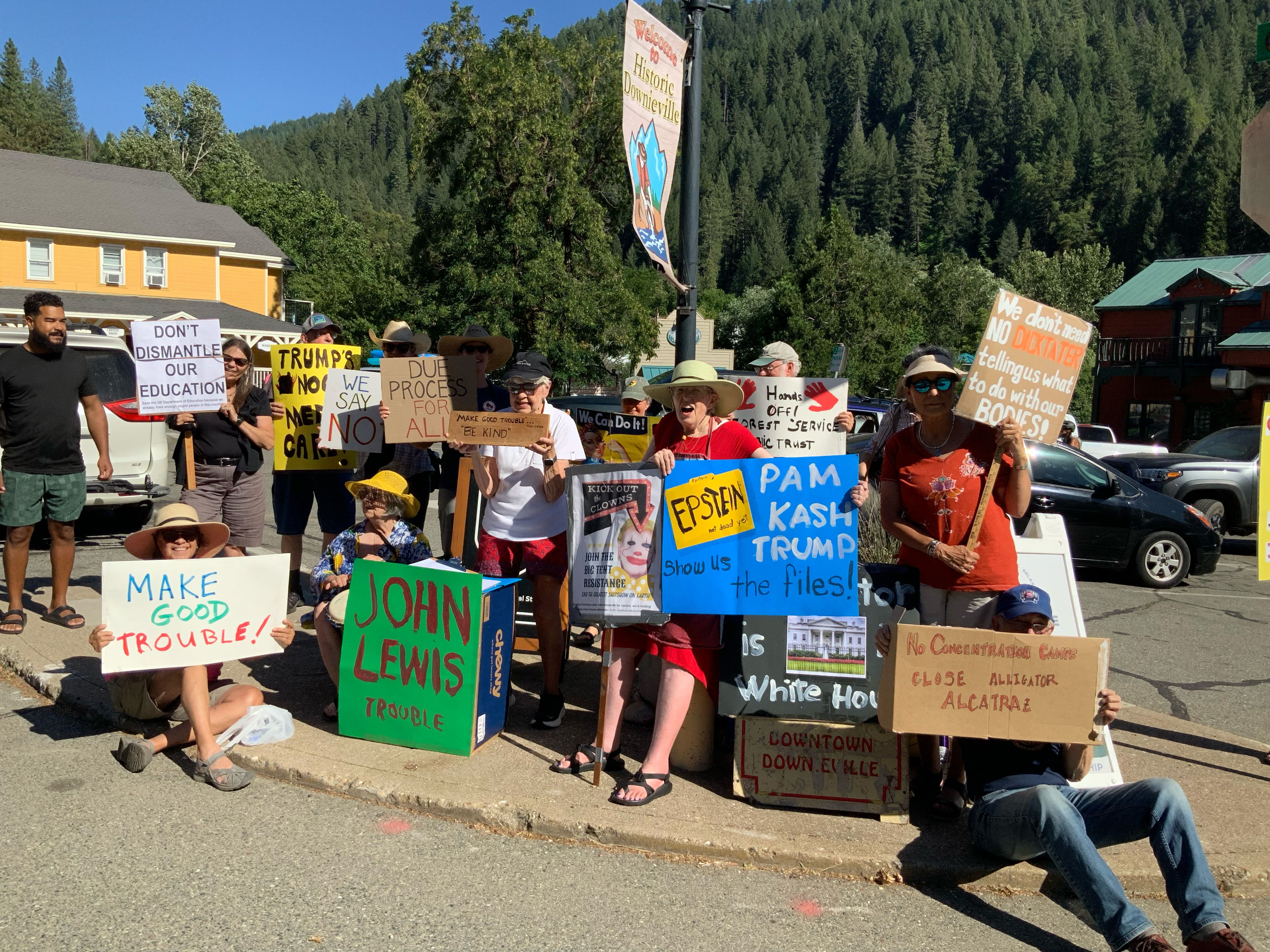 Protesters gathered at the western entrance to Downieville.