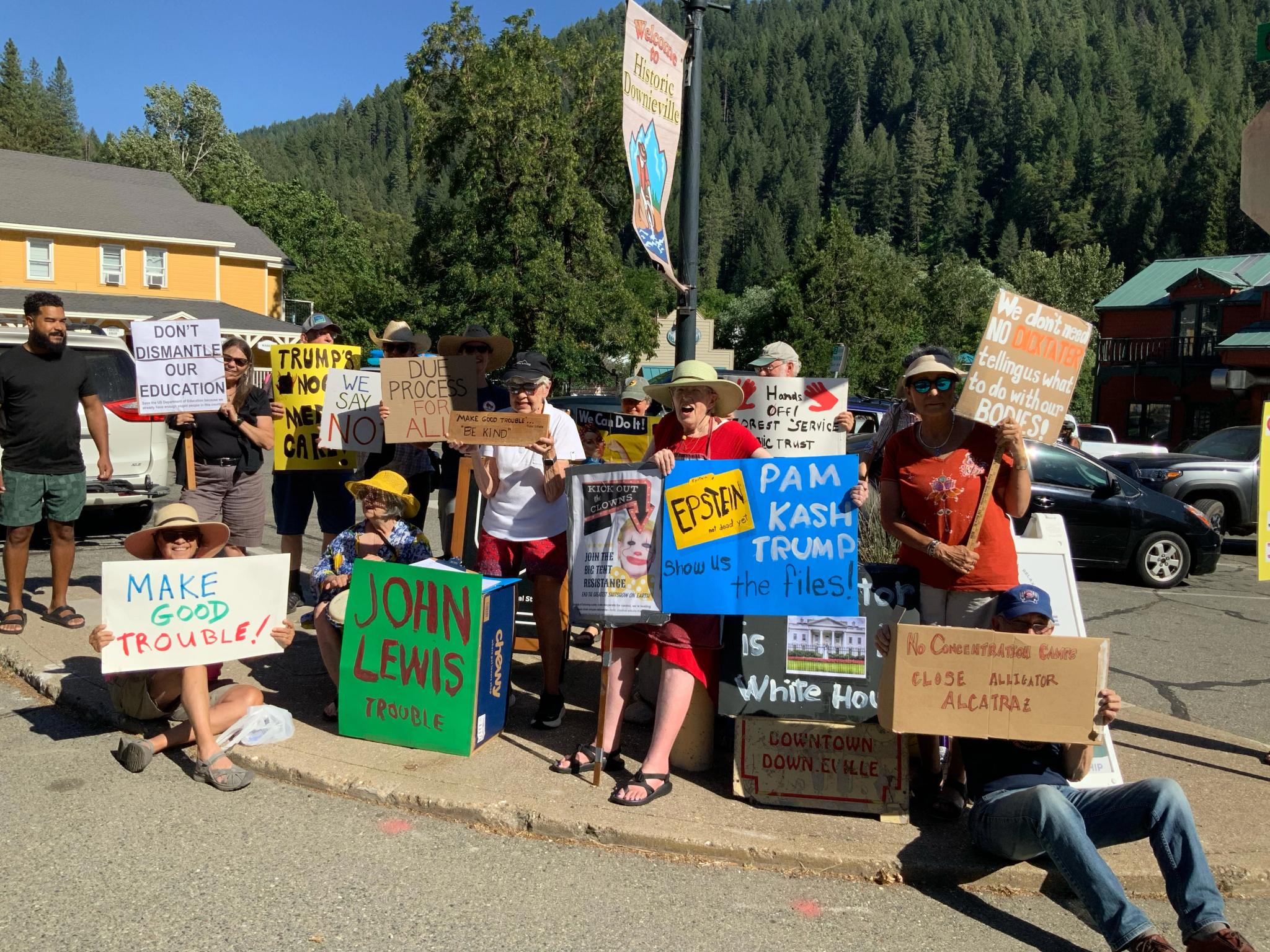 Protesters gathered at the western entrance to Downieville.
