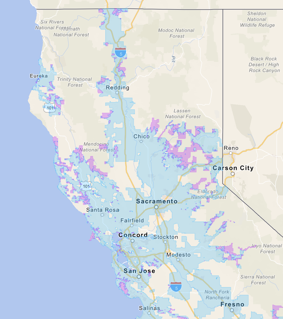 Highlighted in blue are areas in which AT&T hopes to drop Carrier of Last Resort obligations. Purple-highlighted regions may follow.
