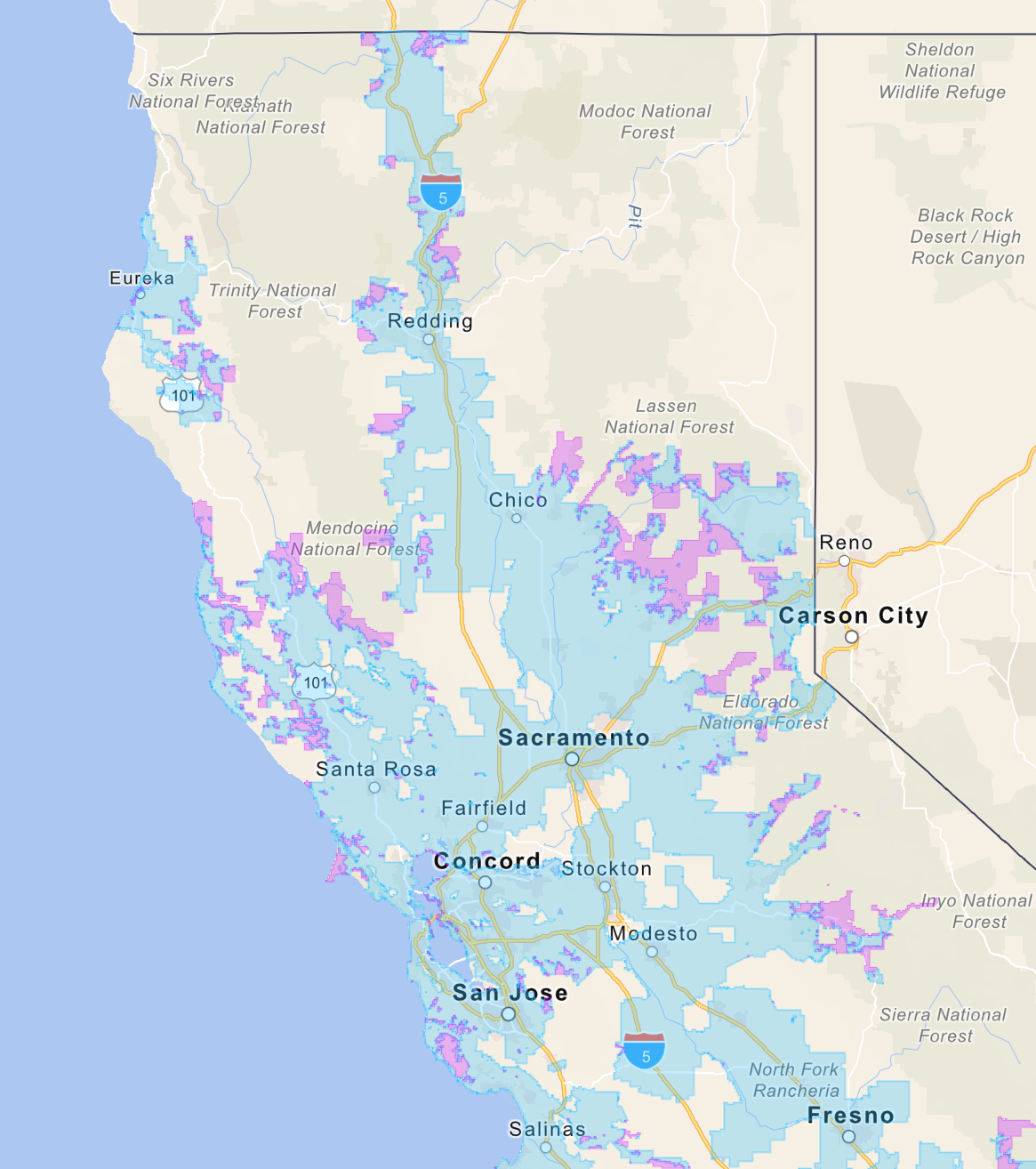Highlighted in blue are areas in which AT&T hopes to drop Carrier of Last Resort obligations. Purple-highlighted regions may follow.