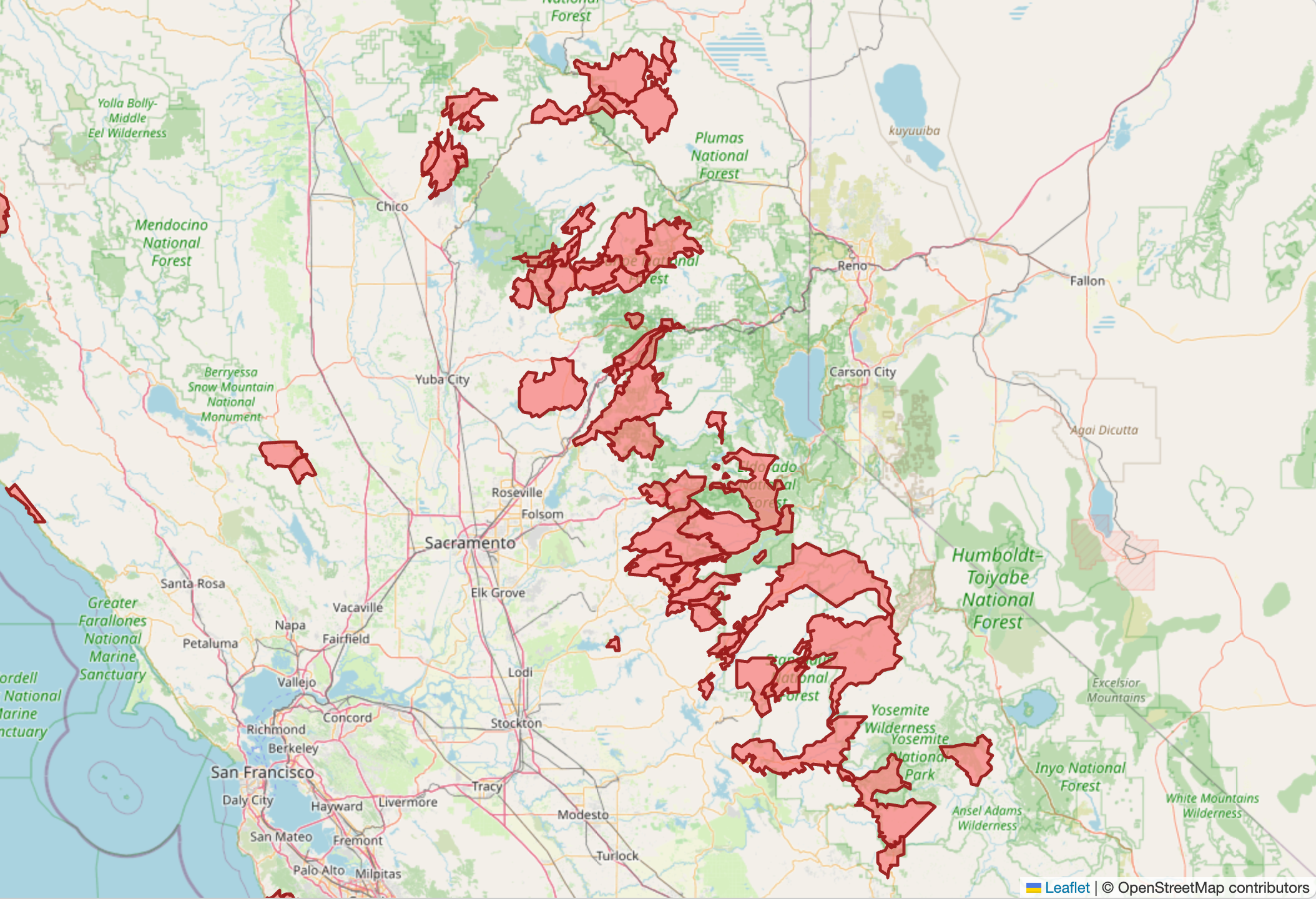 Zip codes receiving replacement SNAP benefits in the Sierra Nevada and foothill regions are highlighted in red.