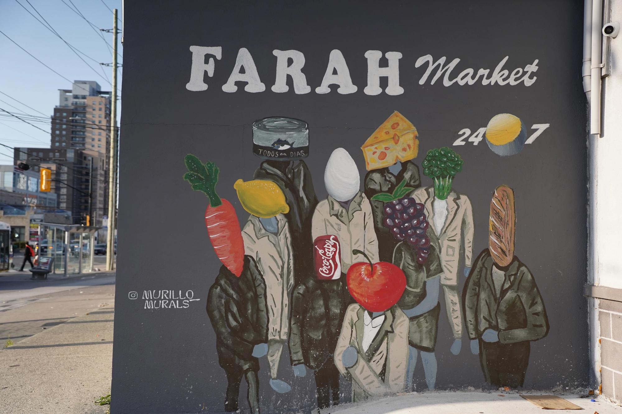 A picture of a mural featuring people with heads of different foods like pizza and bread