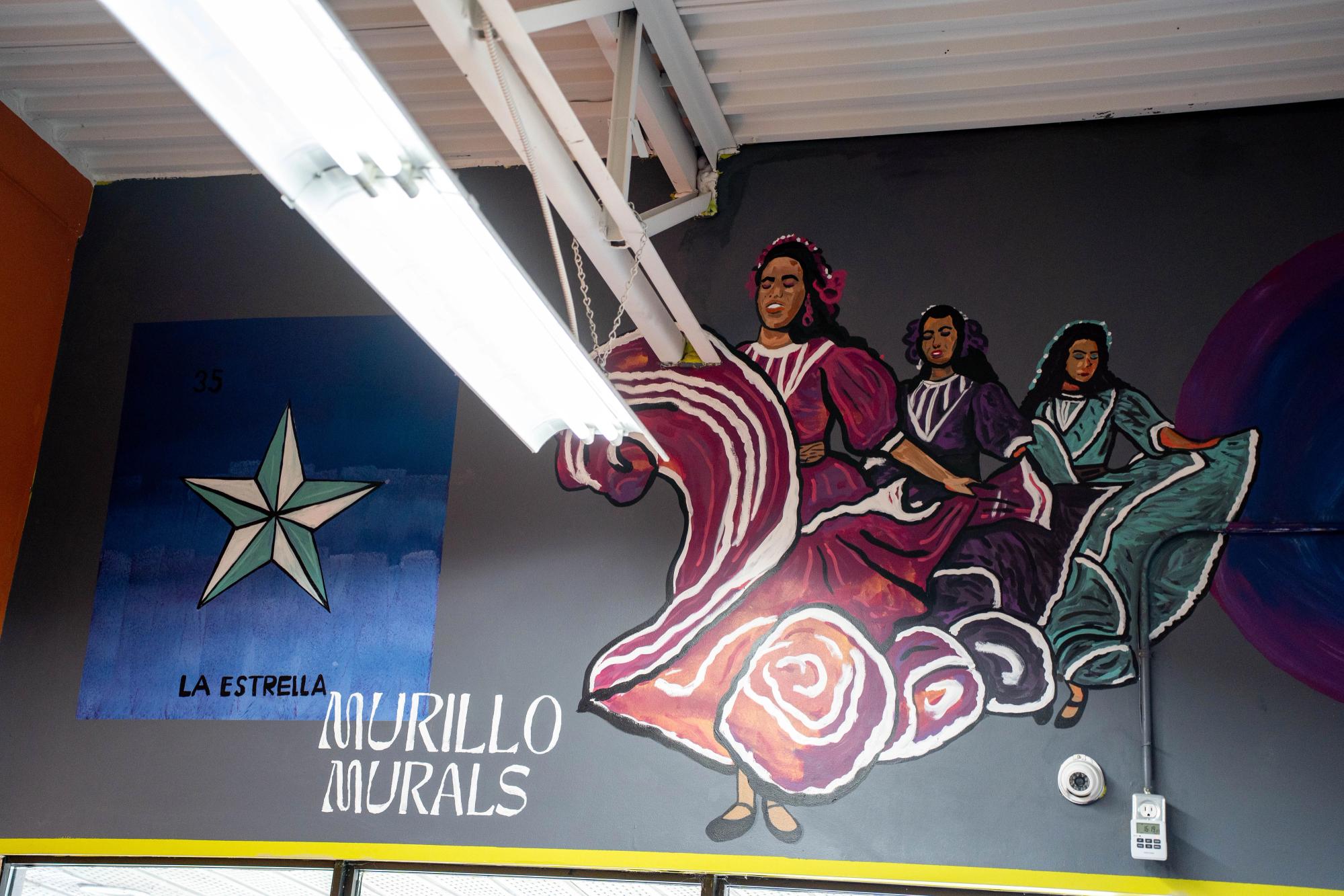 Murillo Murals 3 women with flower dresses on a grey wall 