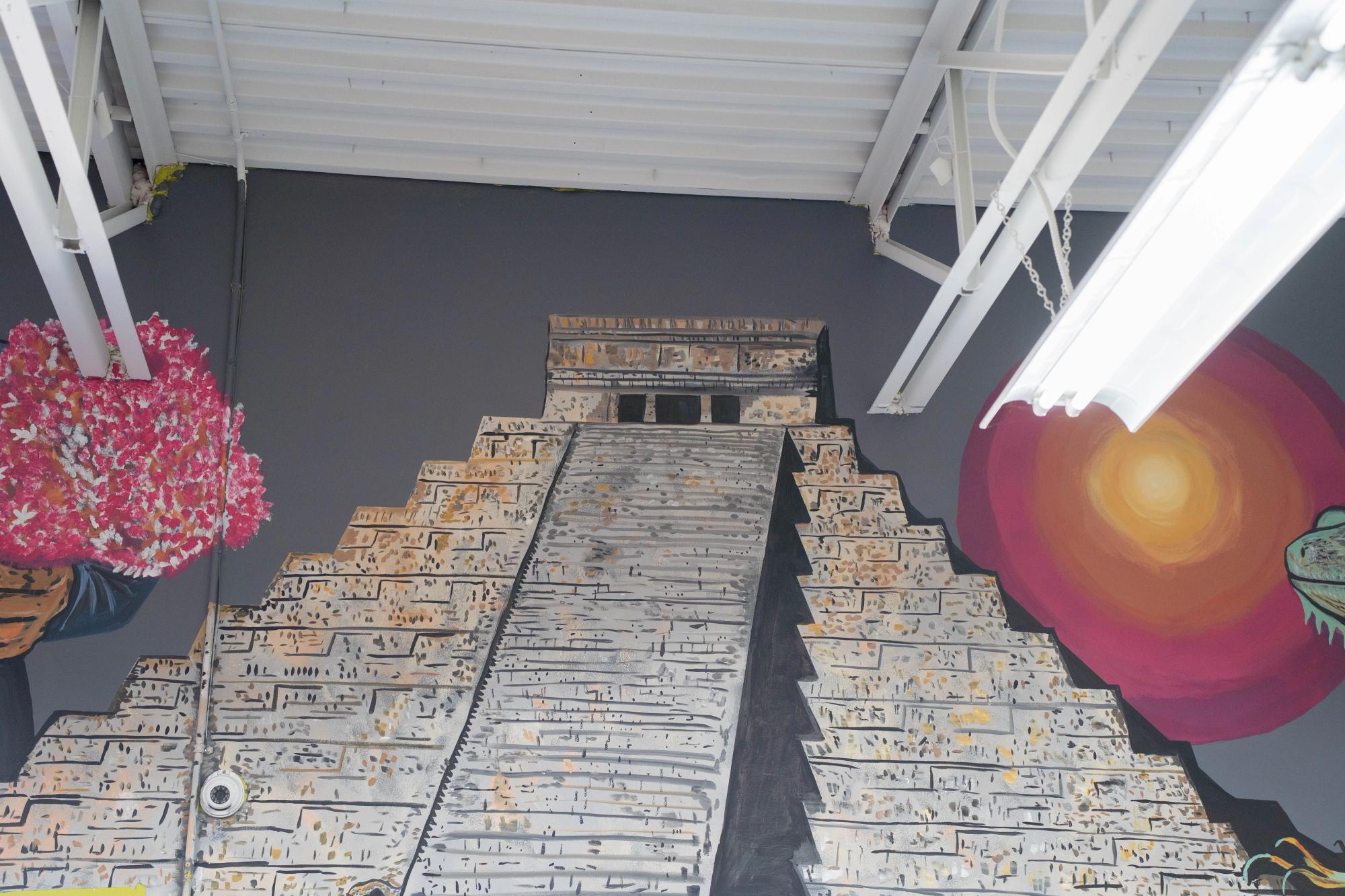 A pyramid resembling Aztec design 
