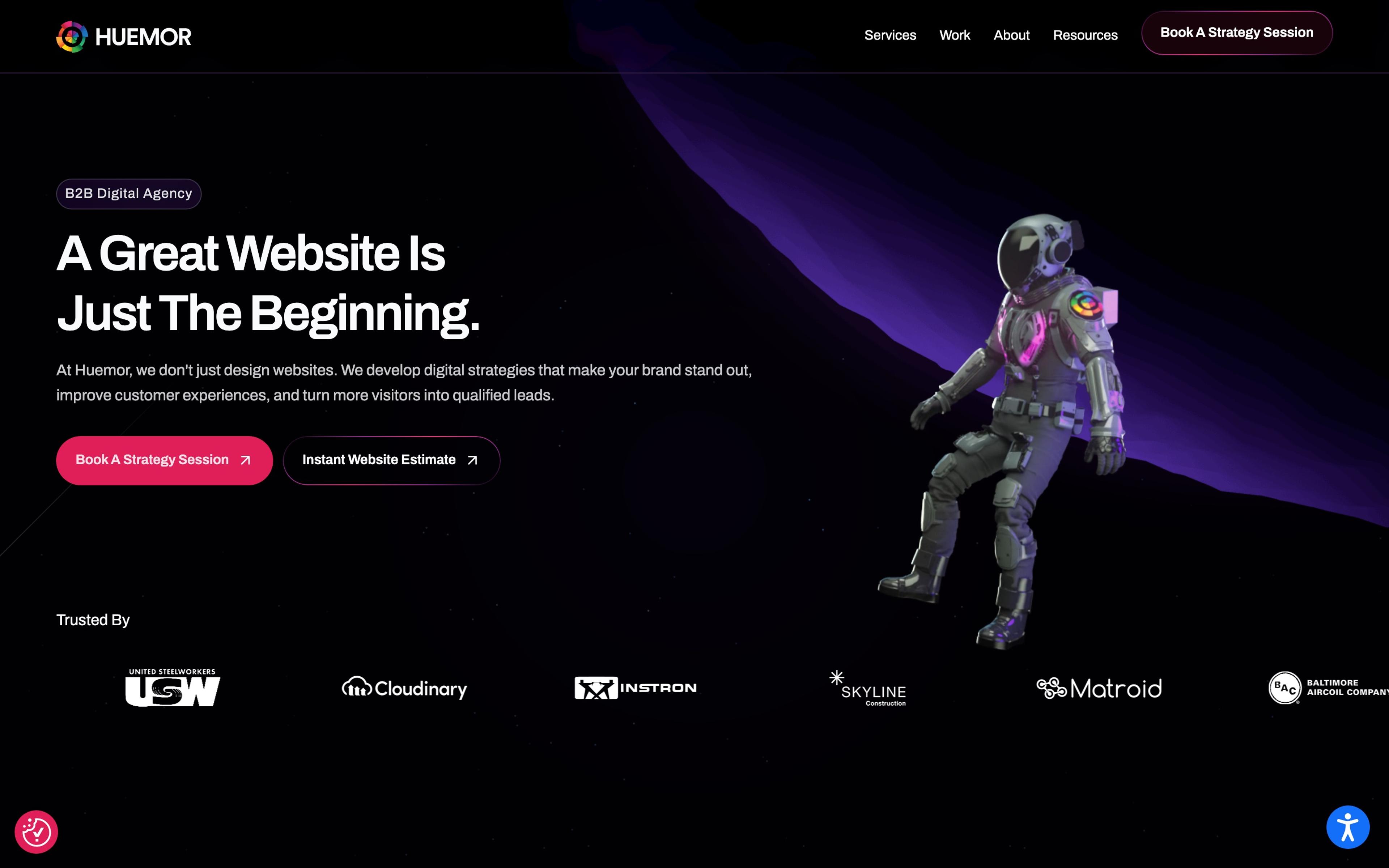 Huemor homepage hero (huemor.rocks), captured September 25, 2026
