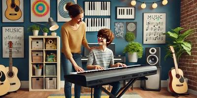 The piano teacher has a lesson with her elementary student.