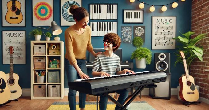 The piano teacher has a lesson with her elementary student.