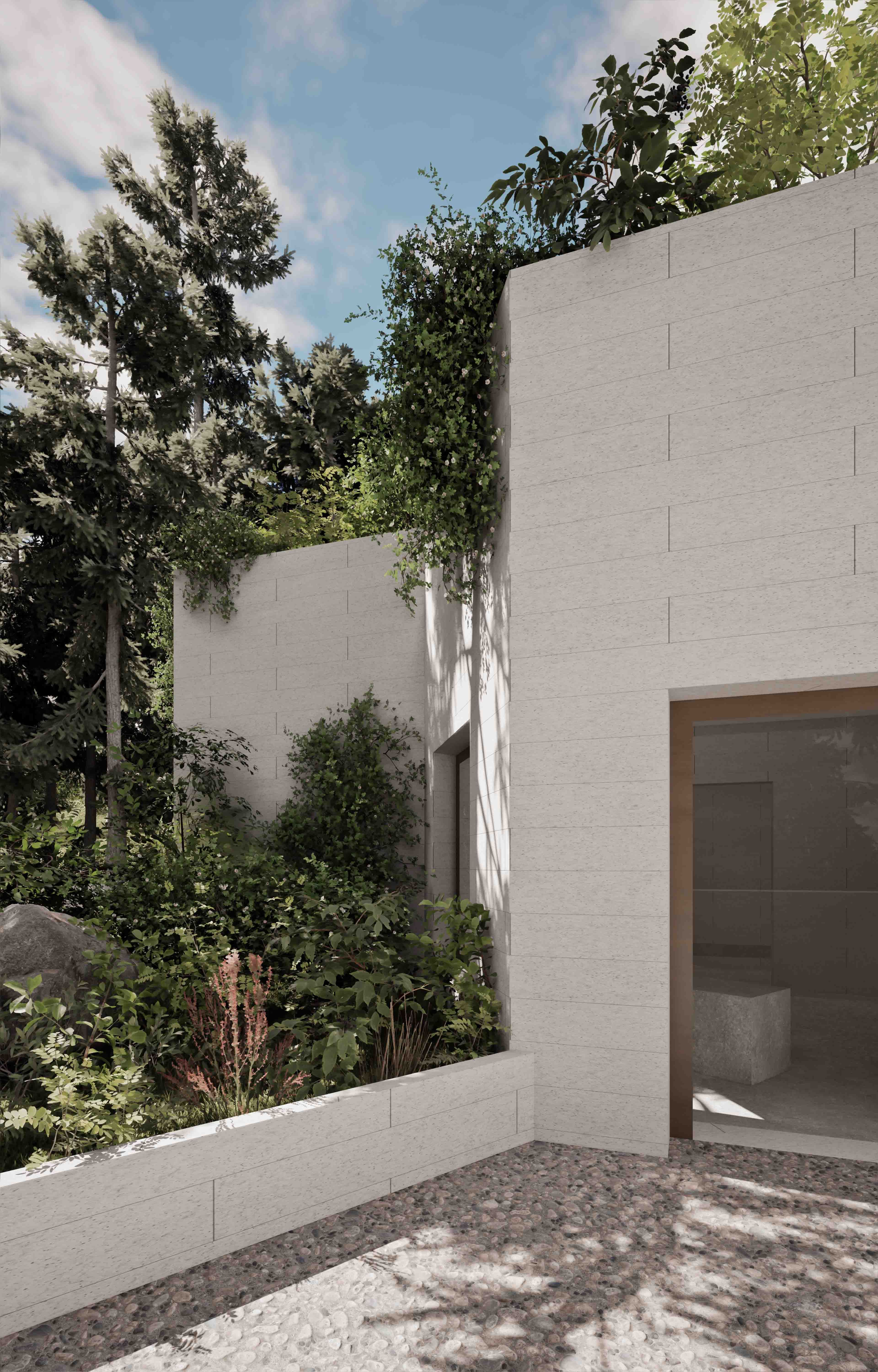 Exterior perspective along the stone wall for Felseck.
