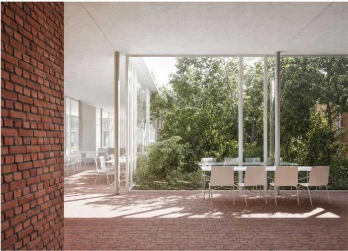 Brick study space opening onto a planted courtyard