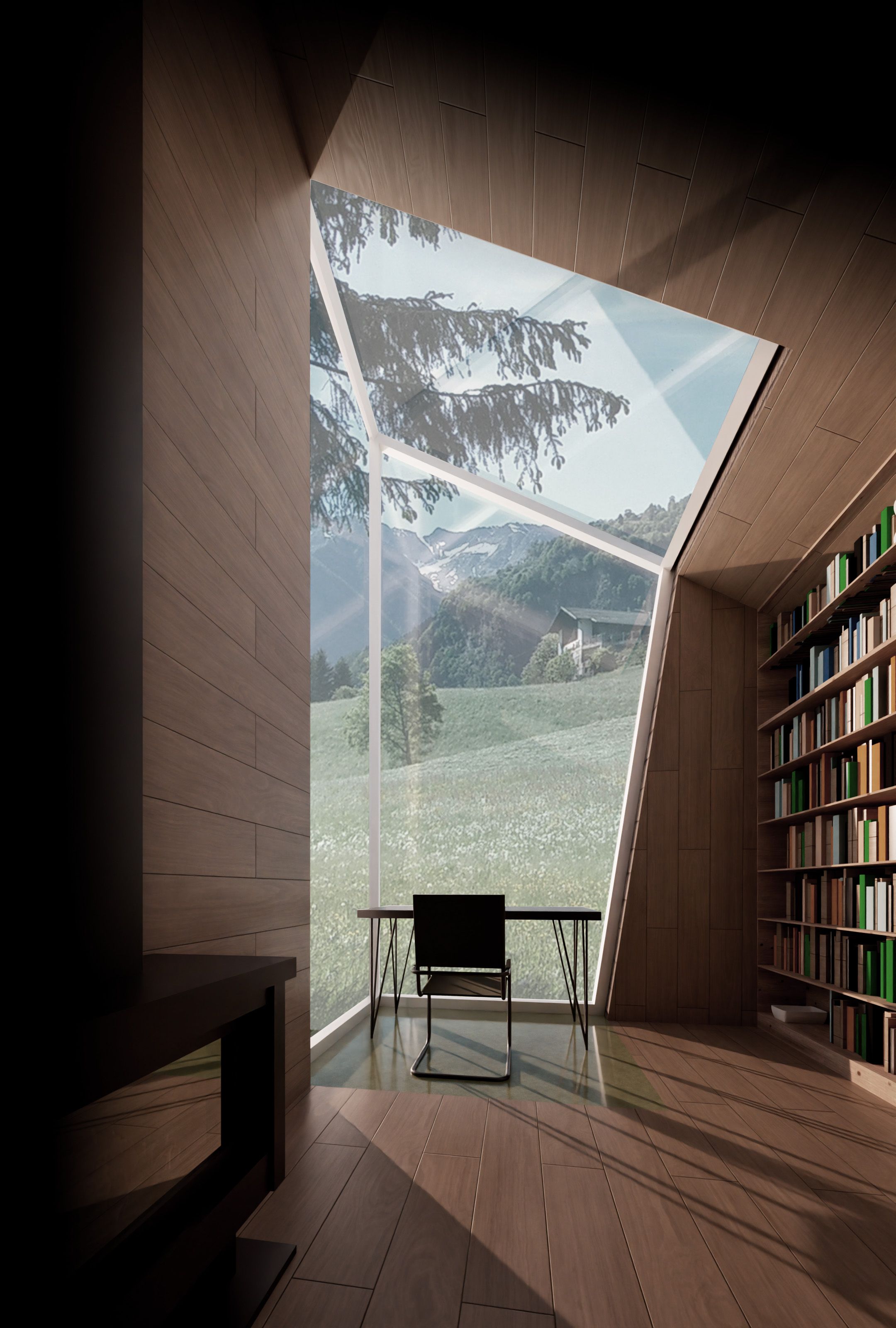 Interior perspective toward the poet's desk for A Writer's Retreat.