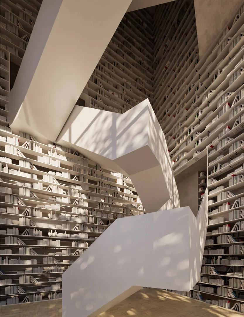 Tall library interior wrapped in bookshelves with sculptural stairs
