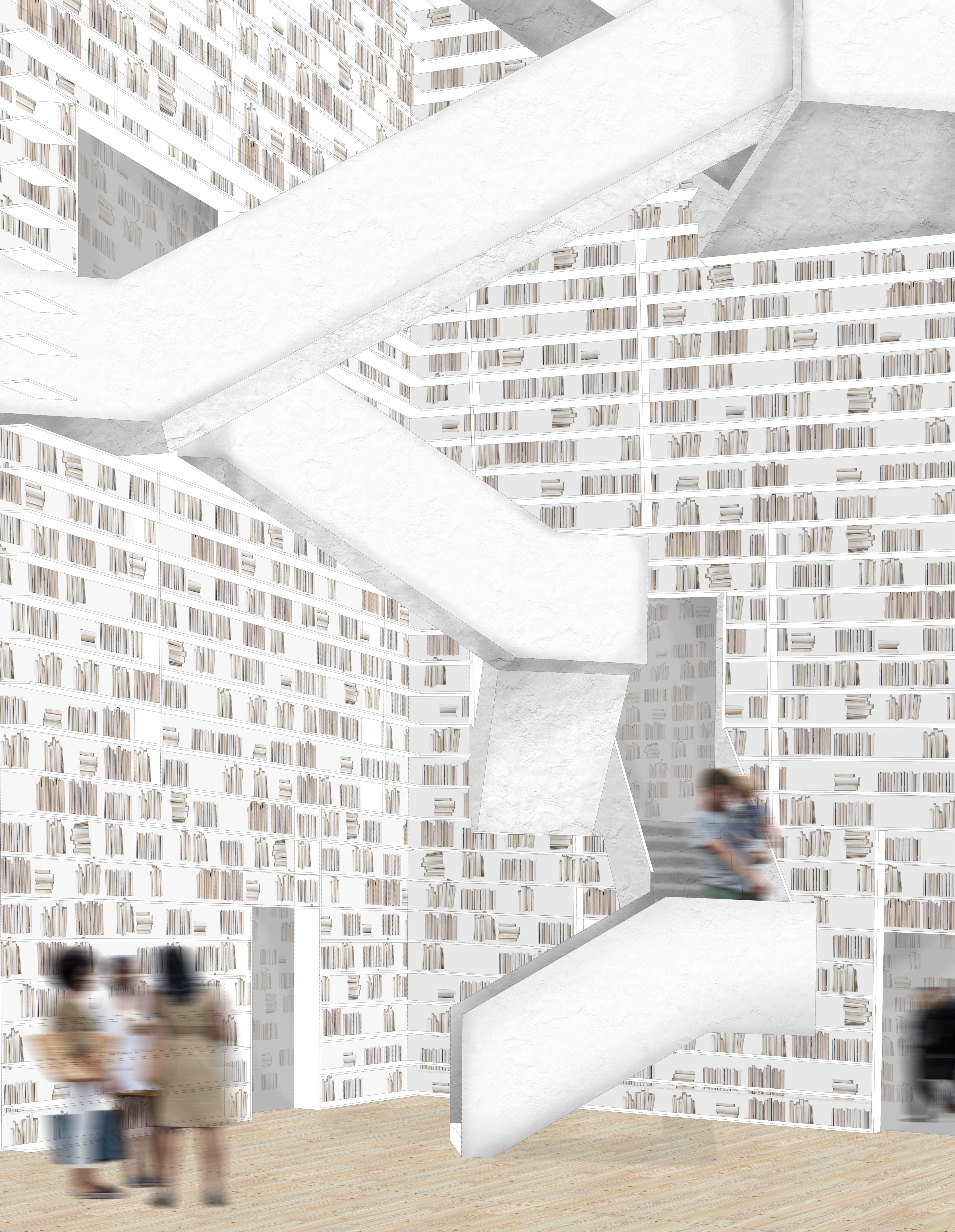 Central stair perspective for City Library.