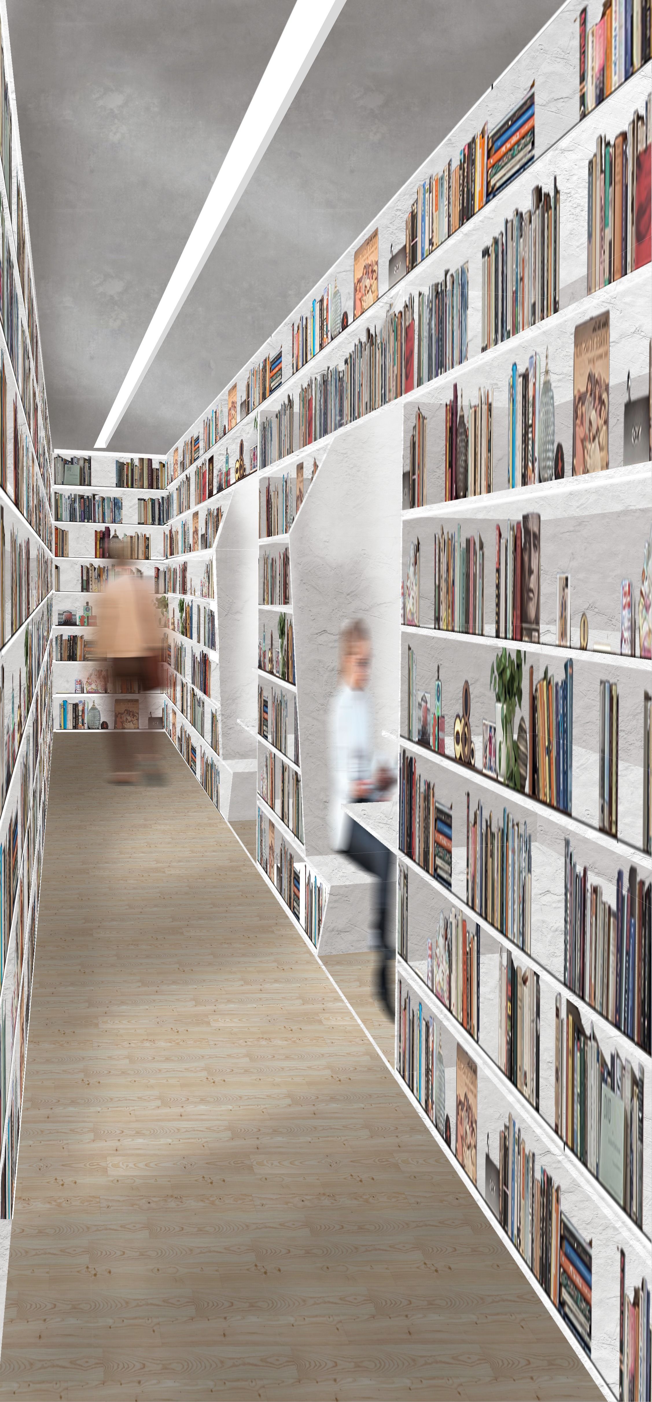 Perspective inside the book wall for City Library.