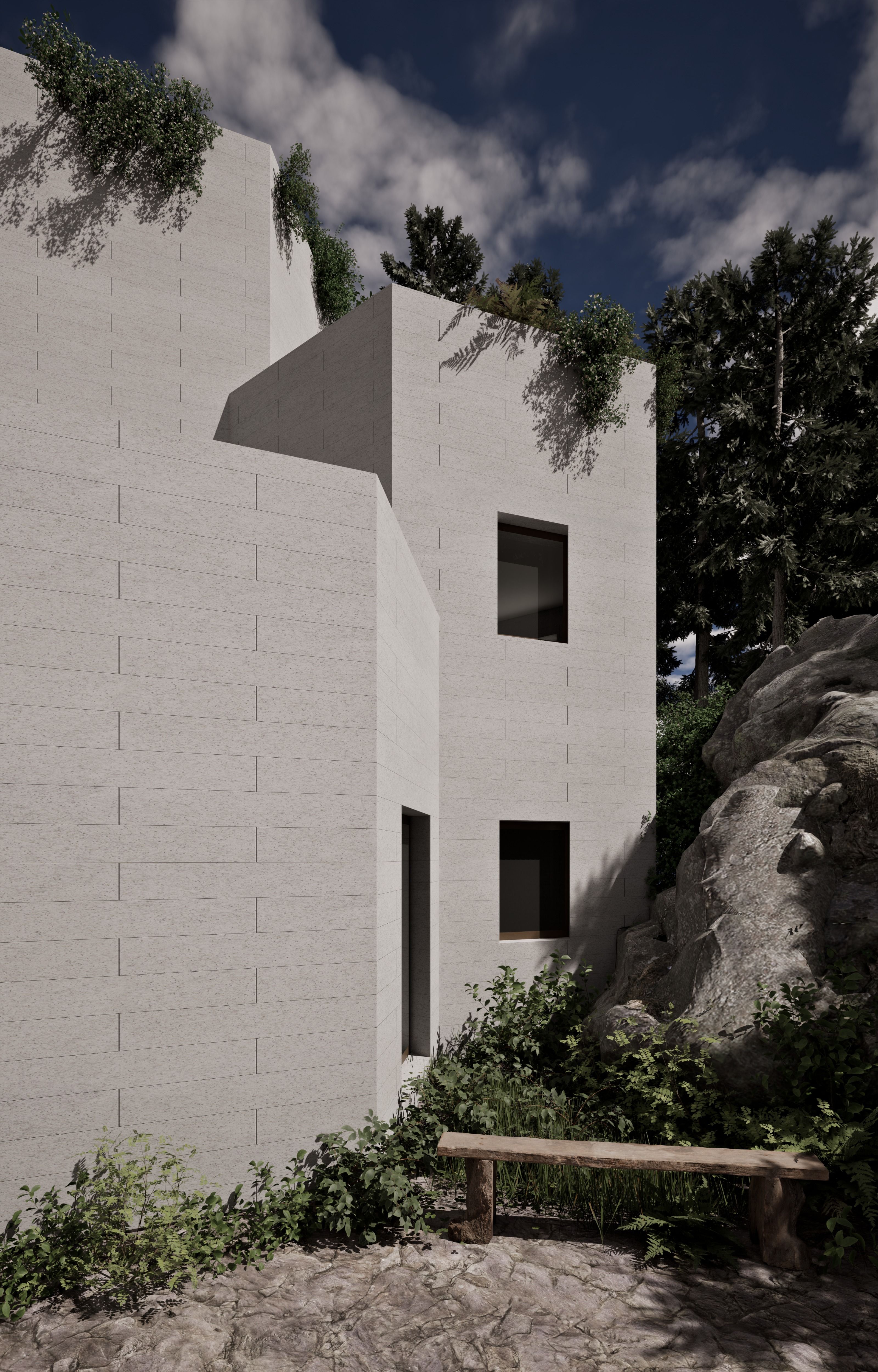 Exterior perspective at the granite entrance for Felseck.