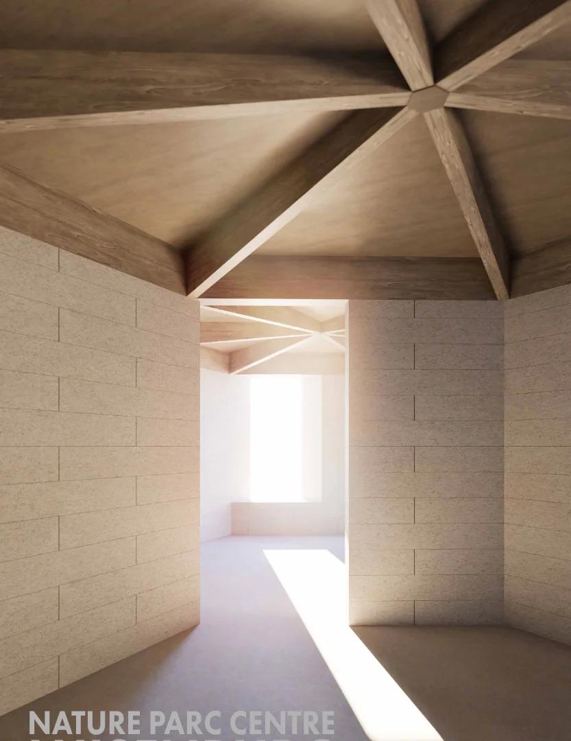 Warm stone interior with a geometric timber ceiling and sharp daylight