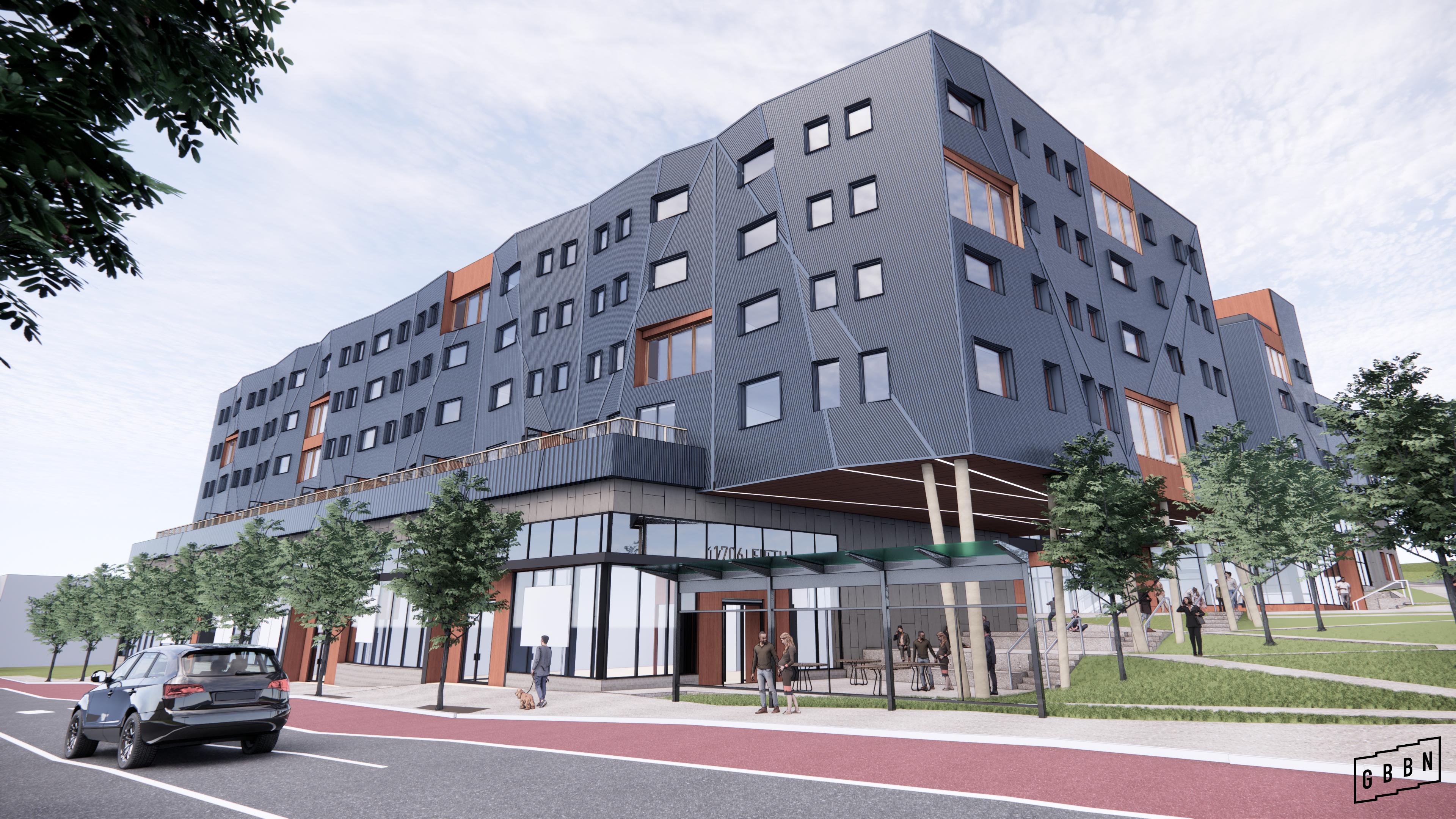 A rendering of Fifth & Dinwiddie West, which will feature ground-floor retail, office space, and 171 mixed-income housing units.