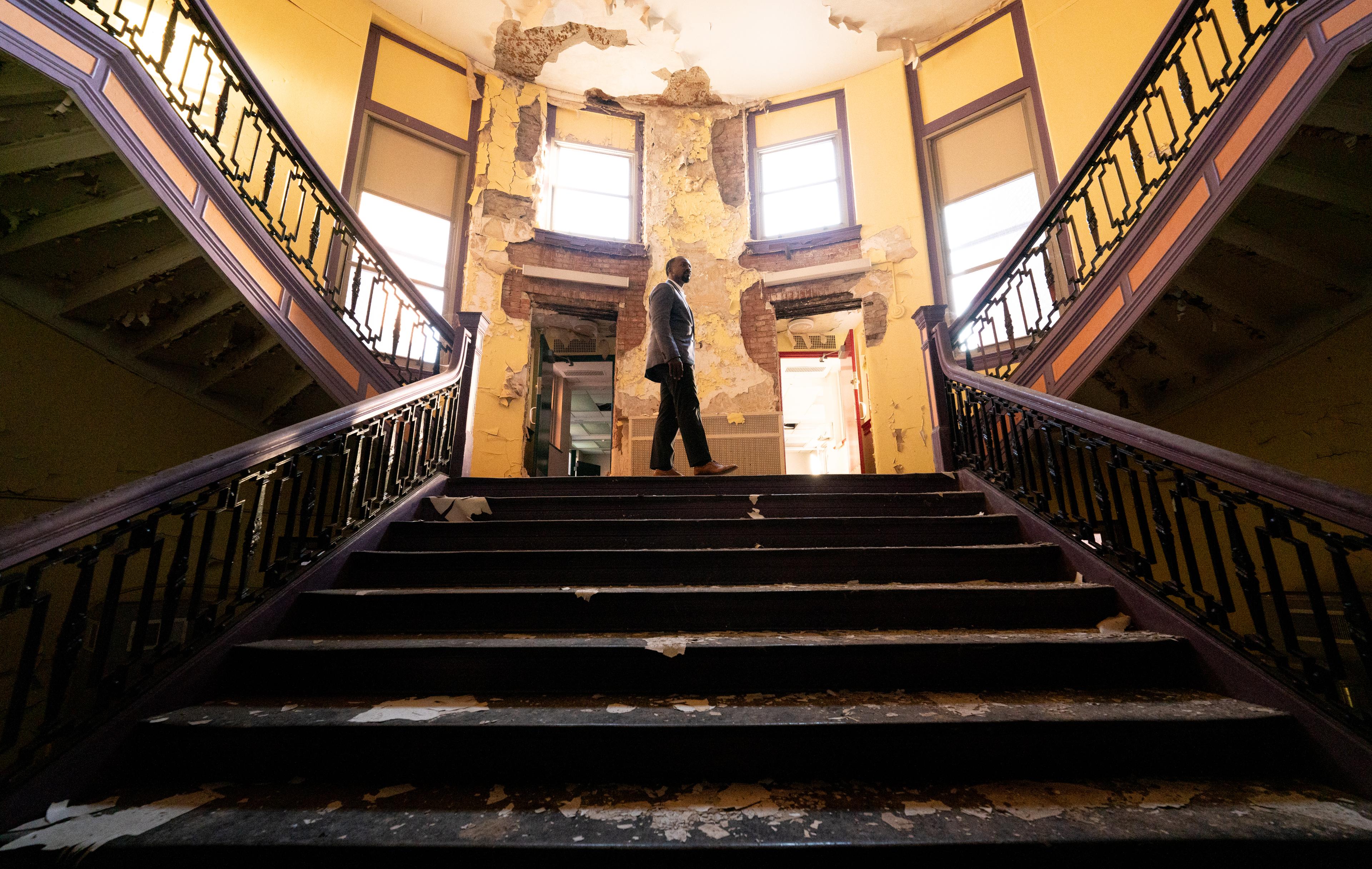 The grand staircase at the Miller School