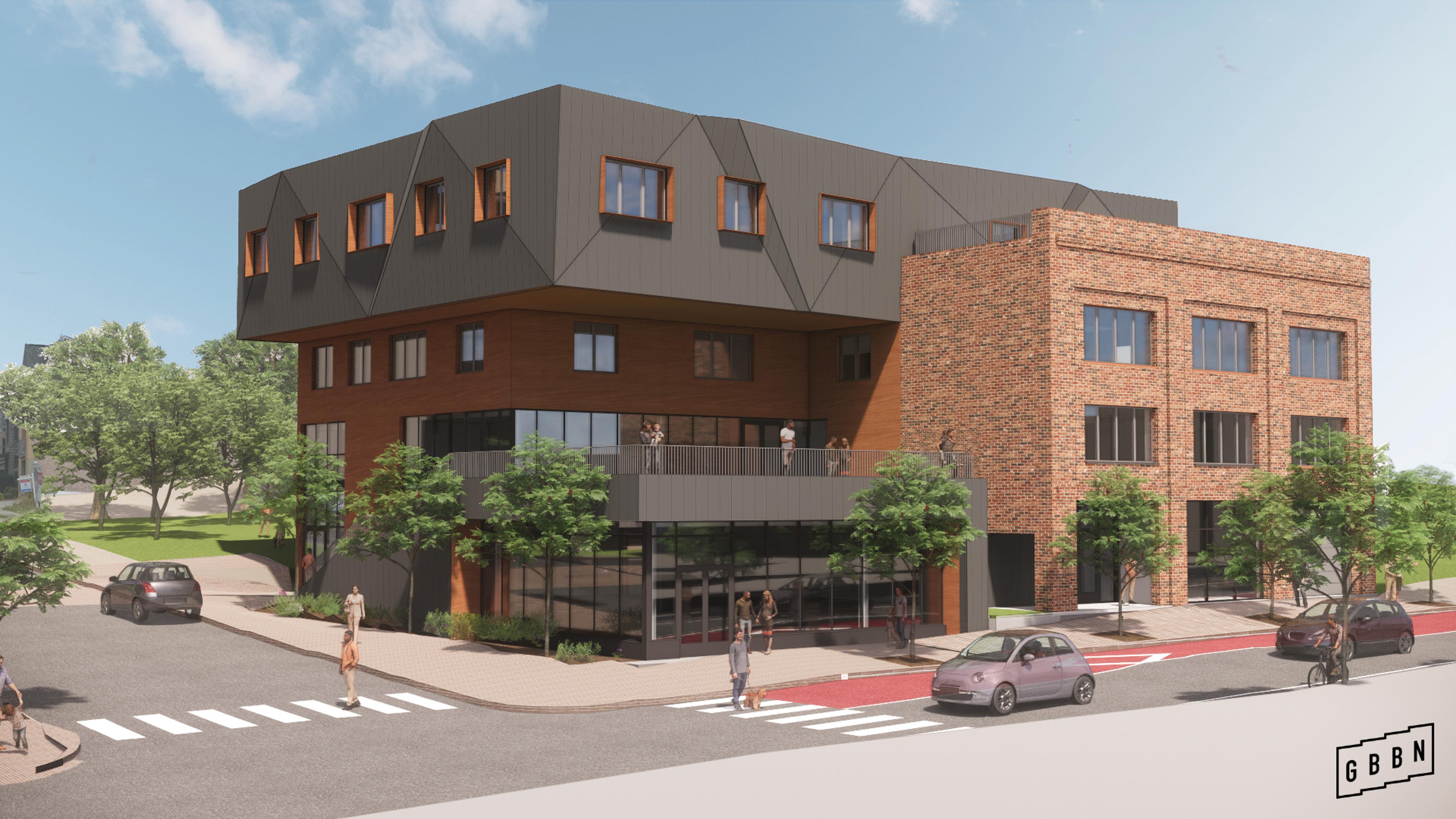 A rendering of Fifth & Dinwiddie East, which will house a training center for clean energy jobs, retail, and office, including co-working space. Both buildings of Fifth & Dinwiddie will receive a Passive House Certification.