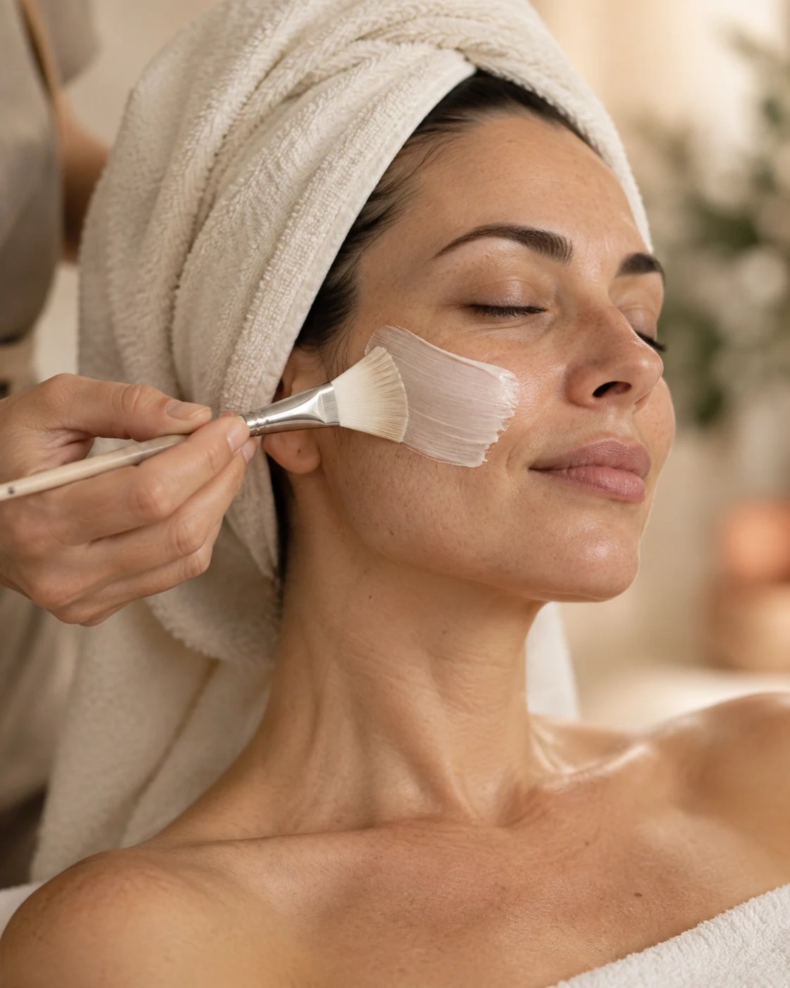 Aplicación de una mascarilla facial con pincel.