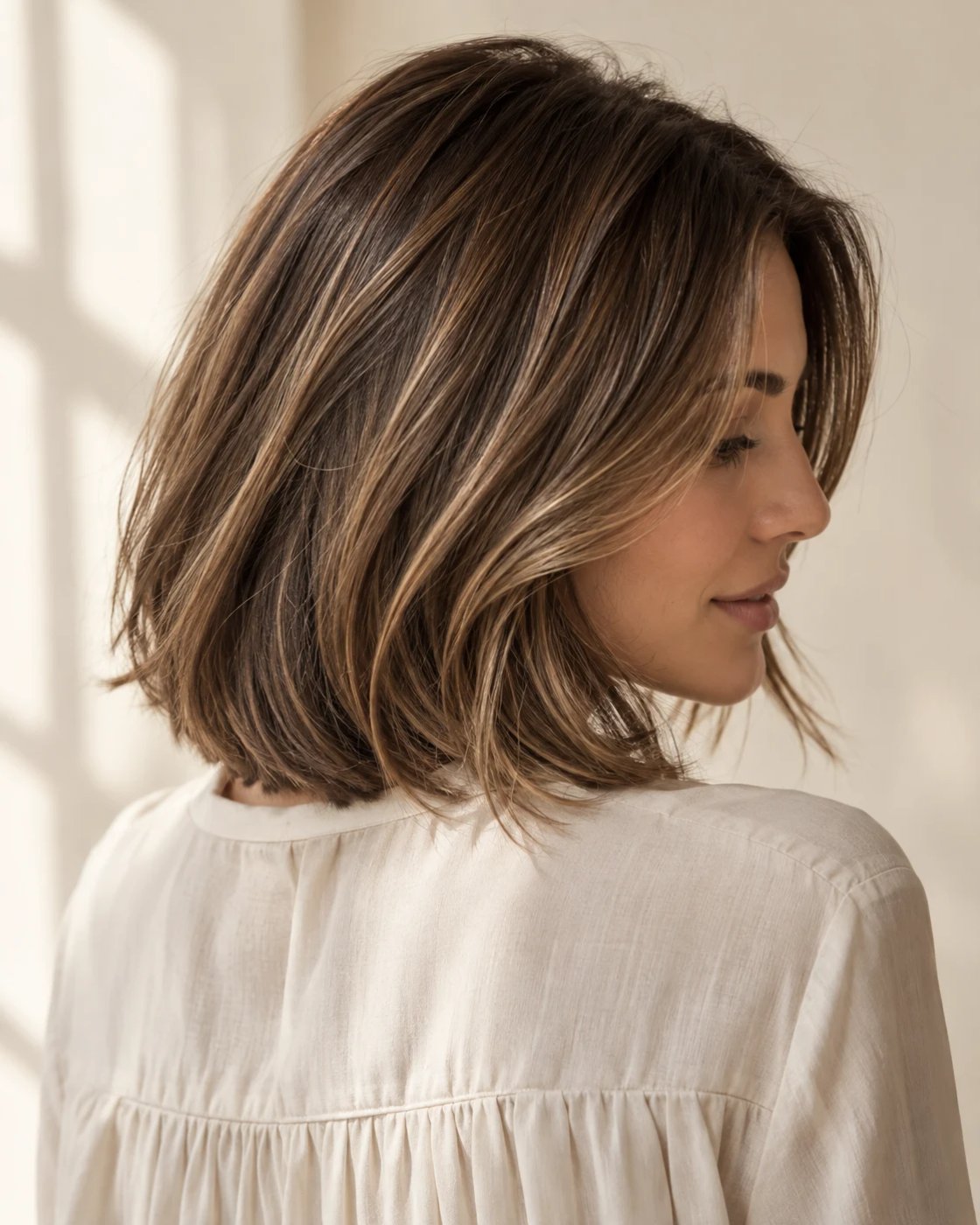 Corte bob castaño con reflejos caramelo.