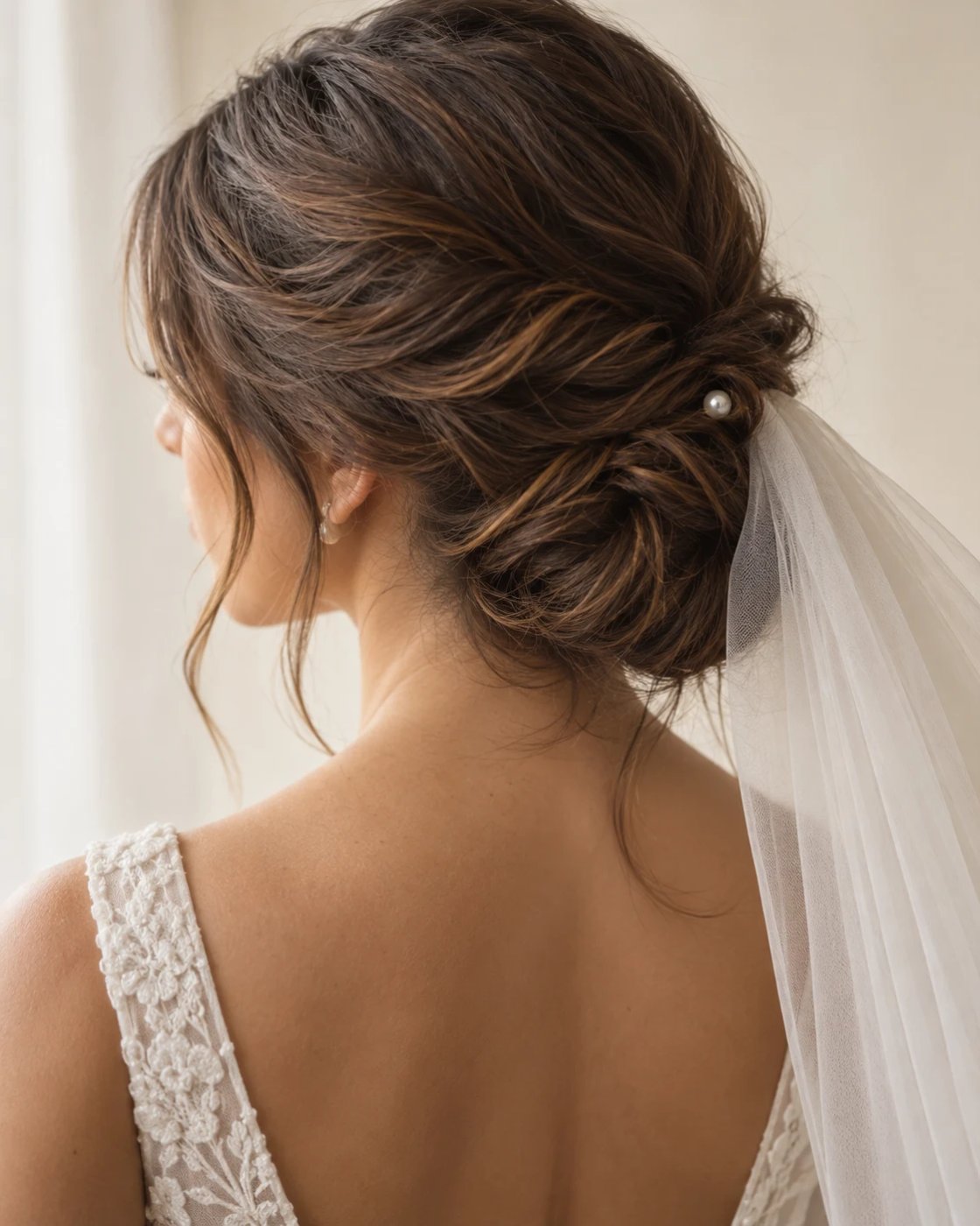 Recogido de novia con una perla y velo.