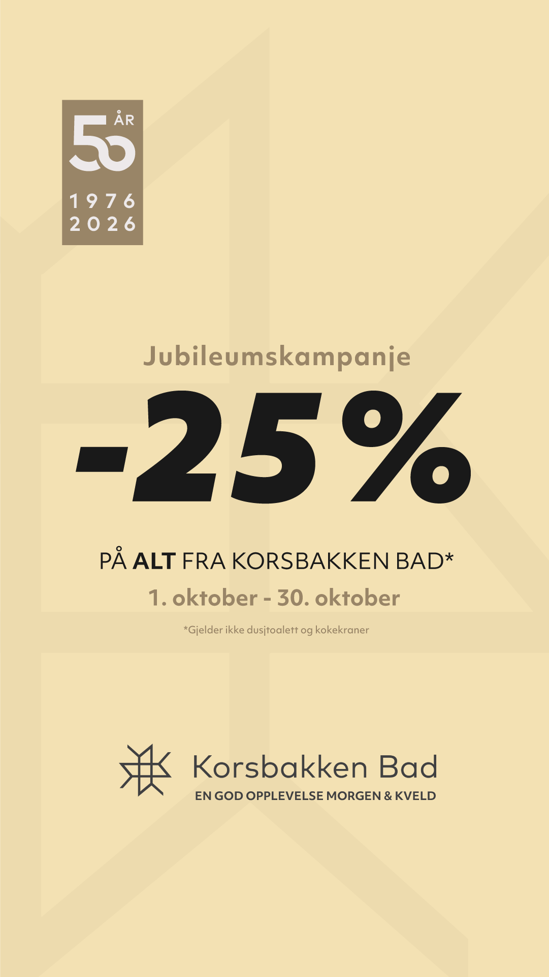 Gul jubileumsplakat med 25 % rabatt fra Korsbakken Bad 1.–30. oktober 2026.