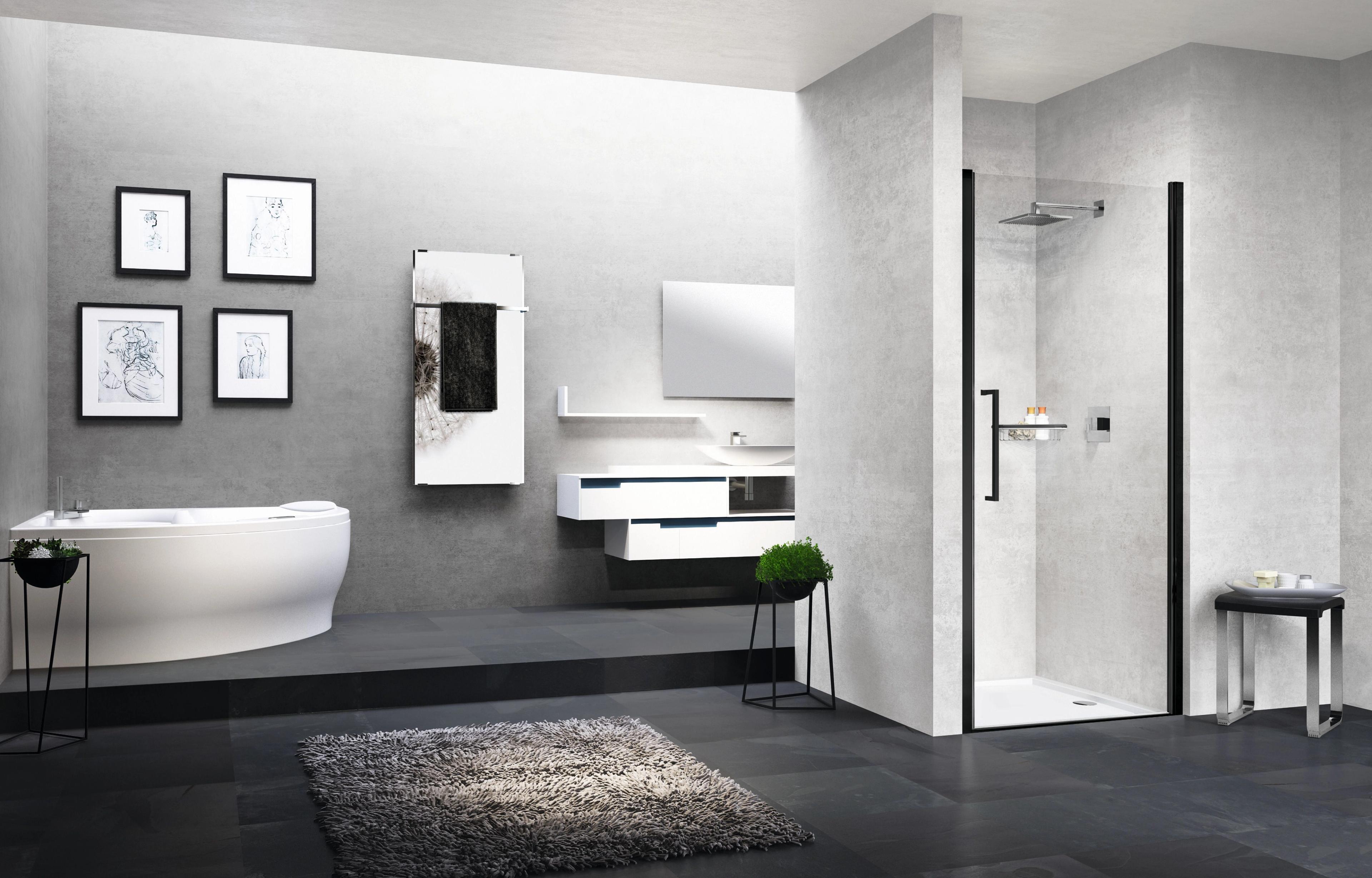Moderne baderom med badekar, baderomsmøbel og sort dusjvegg.
