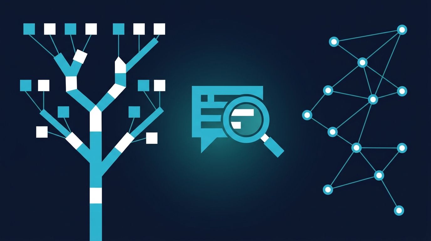 Türkçe long-tail sorgu örüntüleri kavramsal görseli: solda ağaç yapısı kök fiilden çoklu çekim varyasyonu, ortada AI chat bubble + büyüteç, sağda 10 bağlı node ağı
