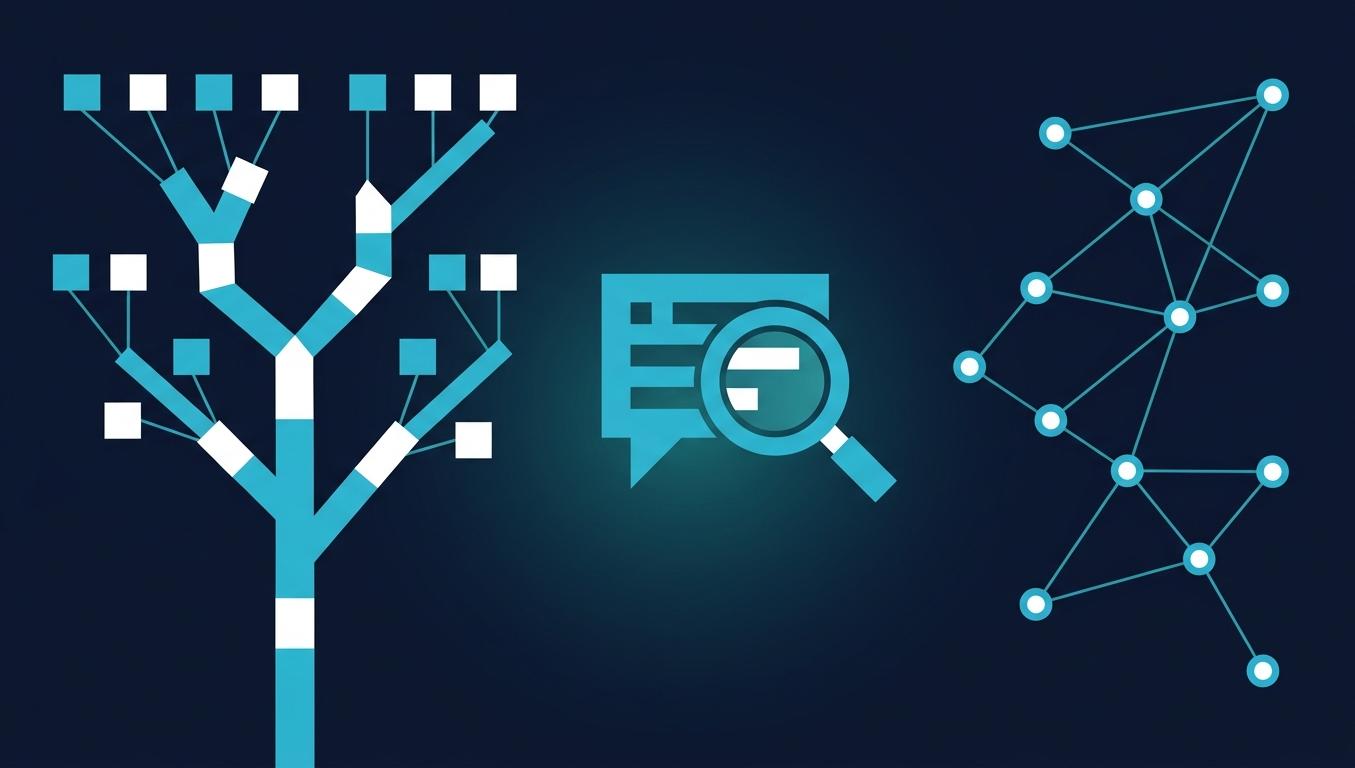Türkçe long-tail sorgu örüntüleri kavramsal görseli: solda ağaç yapısı kök fiilden çoklu çekim varyasyonu, ortada AI chat bubble + büyüteç, sağda 10 bağlı node ağı