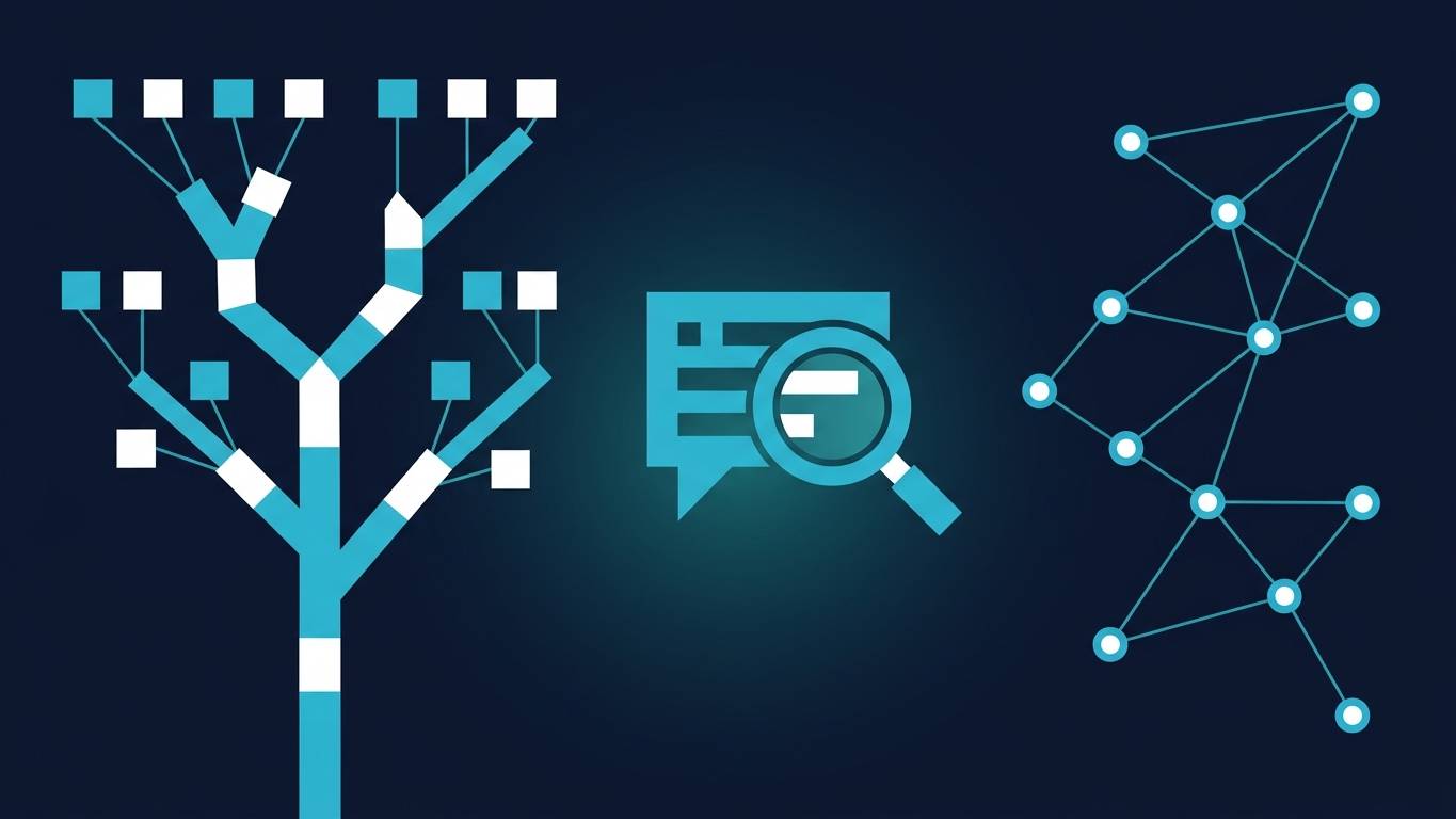 Türkçe long-tail sorgu örüntüleri kavramsal görseli: solda ağaç yapısı kök fiilden çoklu çekim varyasyonu, ortada AI chat bubble + büyüteç, sağda 10 bağlı node ağı