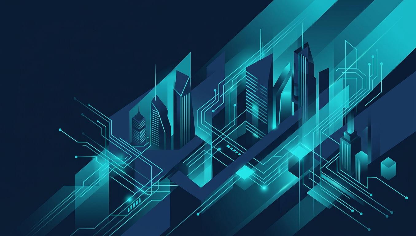 Maslak finansal merkez panoramik silüet, gökdelen kümesi üzerinde turkuaz AI veri akış hatları + kanonik citation noktaları, lacivert-turkuaz palette