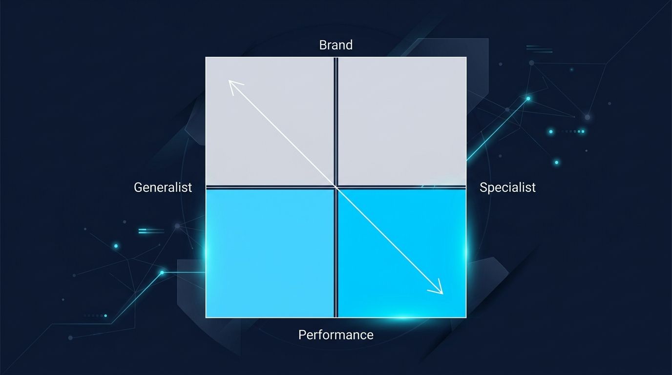 Reklam ajansı niş pozisyonlama 4 kuadran: Generalist/Specialist × Performance/Brand grid, niş specialist parlak turkuaz mavi 2.4x büyüteç