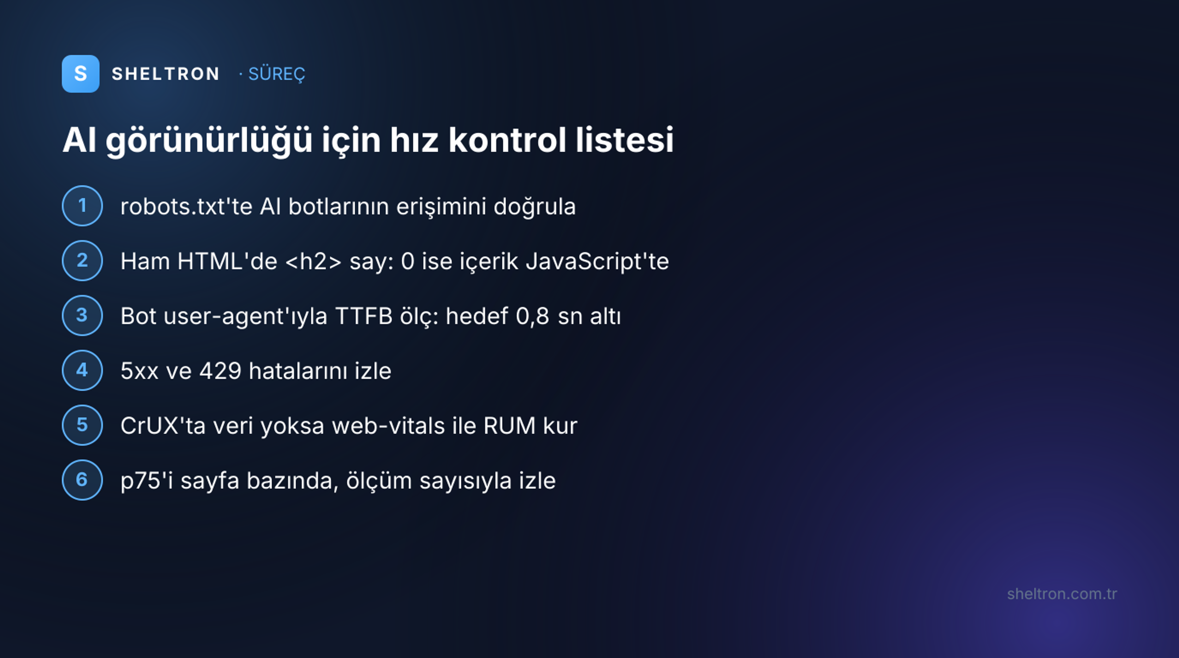 AI görünürlüğü için altı adımlı sayfa hızı kontrol listesi