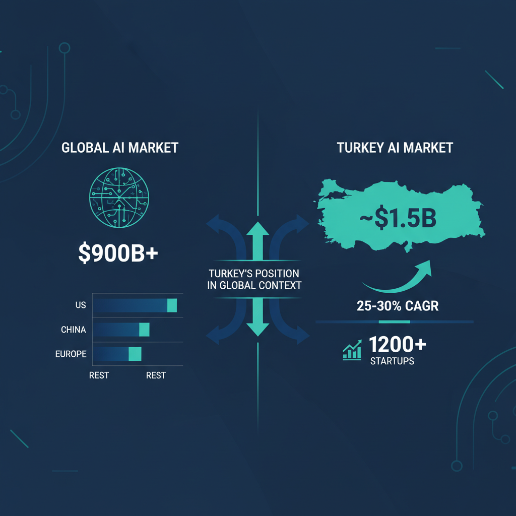 Küresel AI pazarı ve Türkiye karşılaştırması — pazar büyüklüğü, büyüme oranı ve startup sayıları
