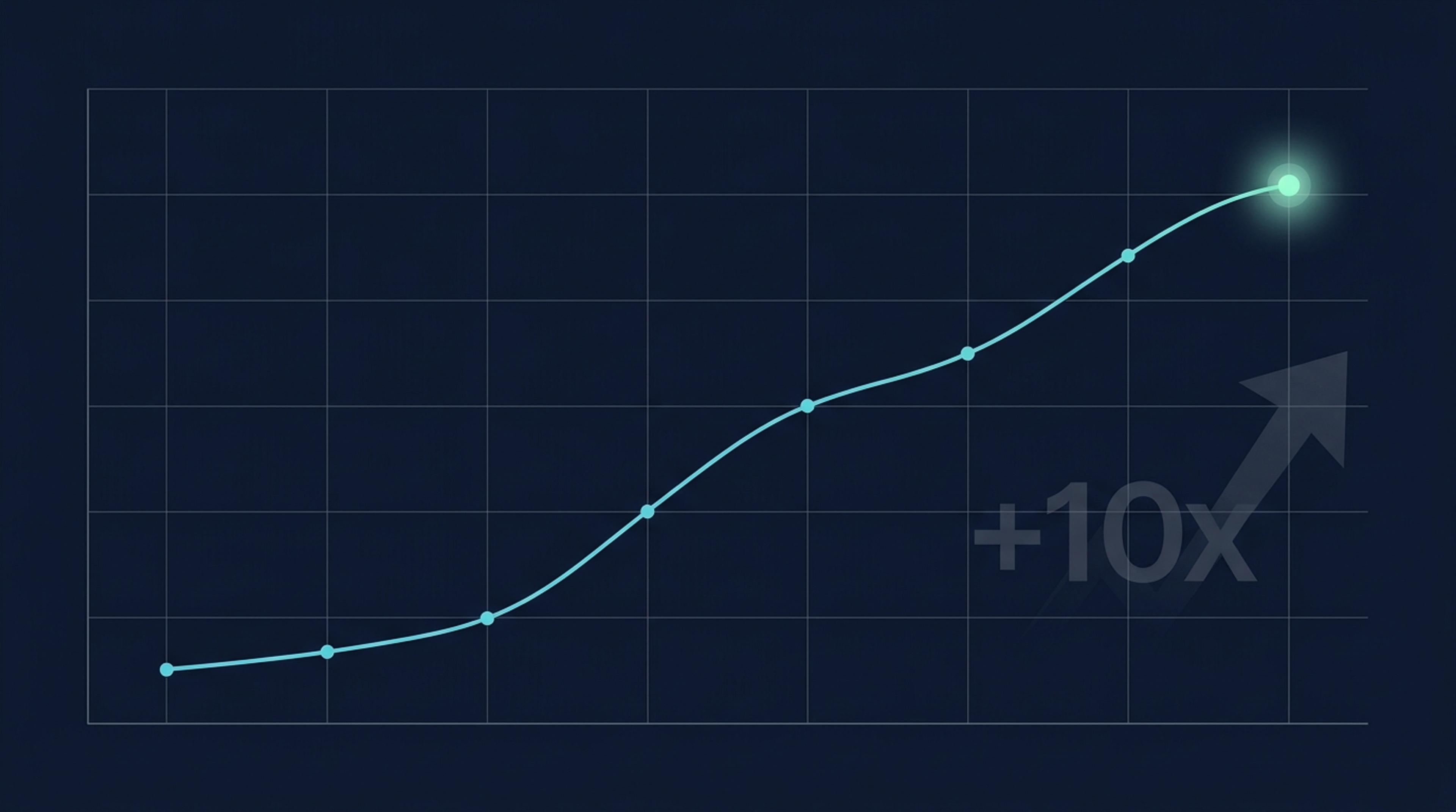 Sheltron Beşiktaş butik mimarlık ofisi 8 haftalık AI mention rate trendi: line chart, sol altta %5 başlangıç, sağ üstte %51 peak, son veri noktasında turkuaz glow + +10x büyüme vurgusu.