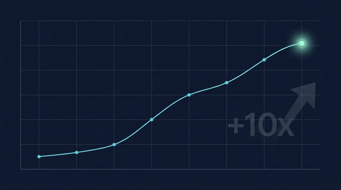 Sheltron Beşiktaş butik mimarlık ofisi 8 haftalık AI mention rate trendi: line chart, sol altta %5 başlangıç, sağ üstte %51 peak, son veri noktasında turkuaz glow + +10x büyüme vurgusu.