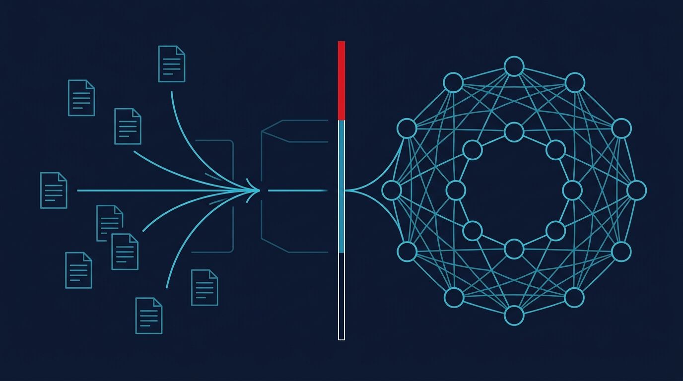 RAG vs Fine-tune Türkçe içerik sahipliği soyut data flow kompozisyonu: sol yarıda RAG metaforu (çoklu küçük belge ikonları + retrieval ok akışı), sağ yarıda fine-tune metaforu (büyük neural network düğüm yoğunluğu), ortada Türk bayrak renkleri vurgu band (kırmızı ince çizgi + beyaz vurgu). Lacivert arka plan + turkuaz mavi data akışı.