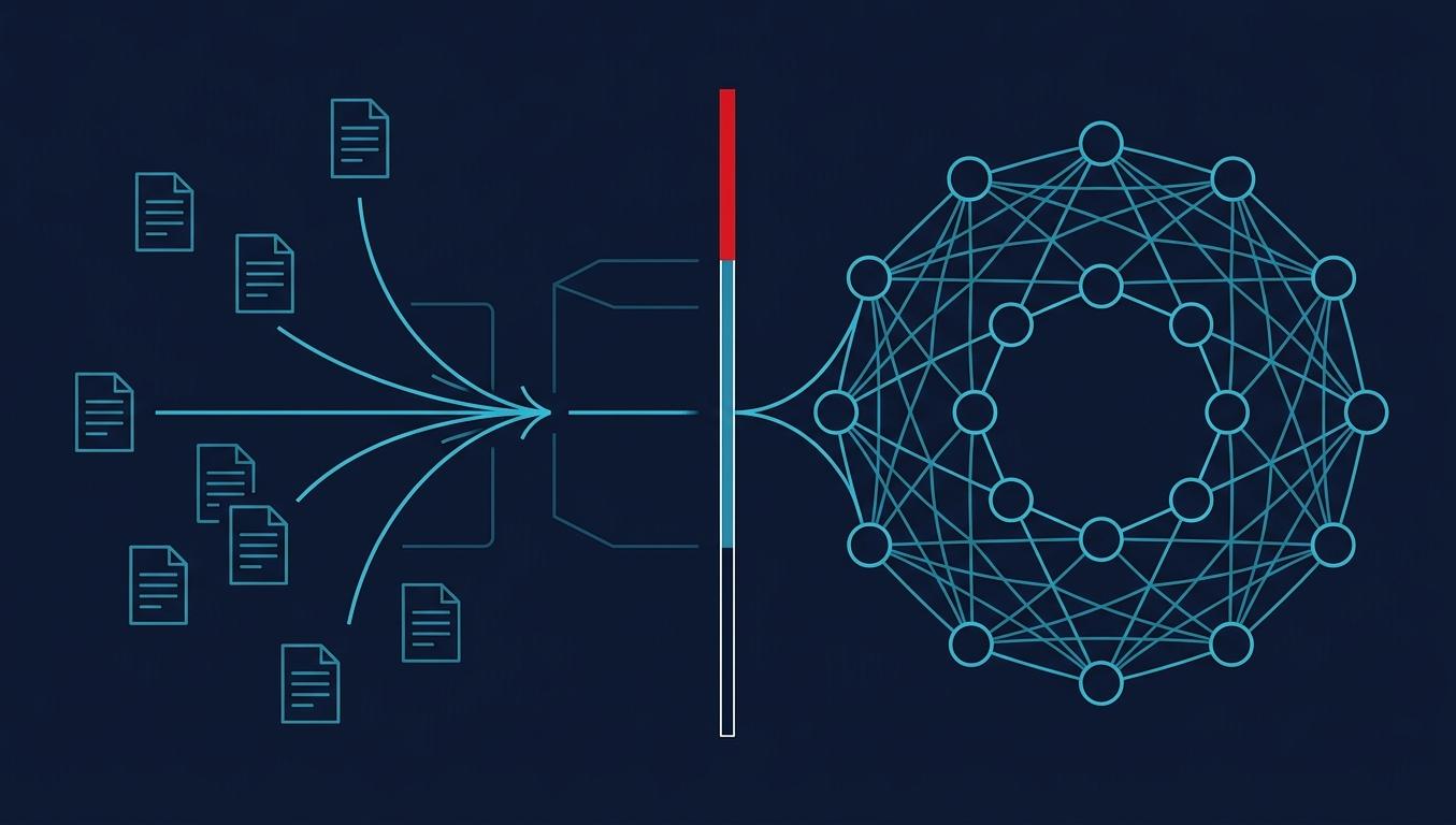 RAG vs Fine-tune Türkçe içerik sahipliği soyut data flow kompozisyonu: sol yarıda RAG metaforu (çoklu küçük belge ikonları + retrieval ok akışı), sağ yarıda fine-tune metaforu (büyük neural network düğüm yoğunluğu), ortada Türk bayrak renkleri vurgu band (kırmızı ince çizgi + beyaz vurgu). Lacivert arka plan + turkuaz mavi data akışı.
